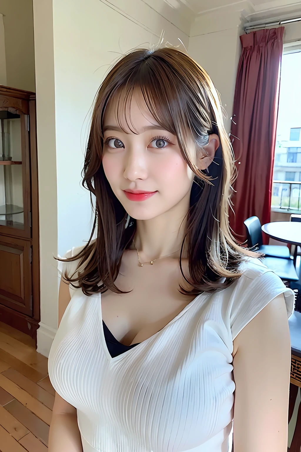 ((top-quality、8K、masterpiece:1.3))、1girl in、Pretty woman with accentuated slender abs:1.3、(Random Hair Styles)、in a house、hyperdetailed face、A detailed eye、二重まぶた、Colossal tits、Poses
