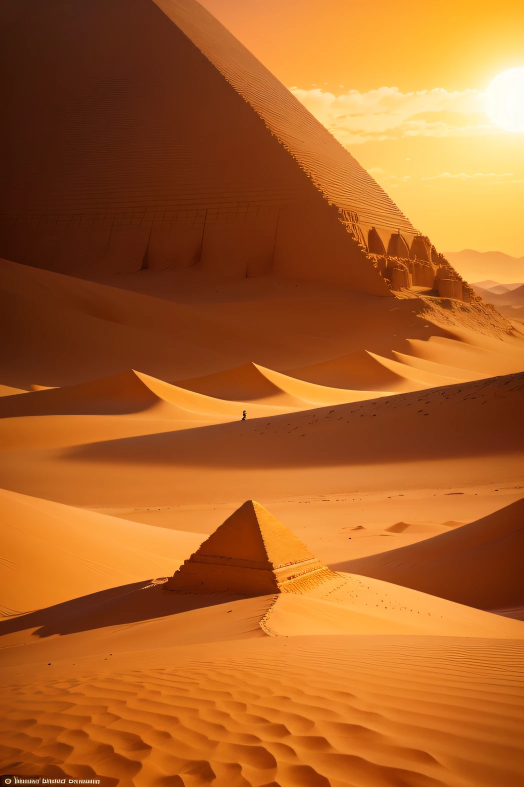 Desert Mirage: Journey through a scorching desert, where endless dunes stretch to the horizon, and shimmering mirages dance in the heat. Amidst the vast expanse of sand rise ancient pyramids, mysterious and imposing. The relentless sun casts a golden glow on the sand, creating a captivating yet harsh environment. Be wary of the illusions that deceive travelers in this arid land, for the pyramids hold secrets that echo through the sands of time.