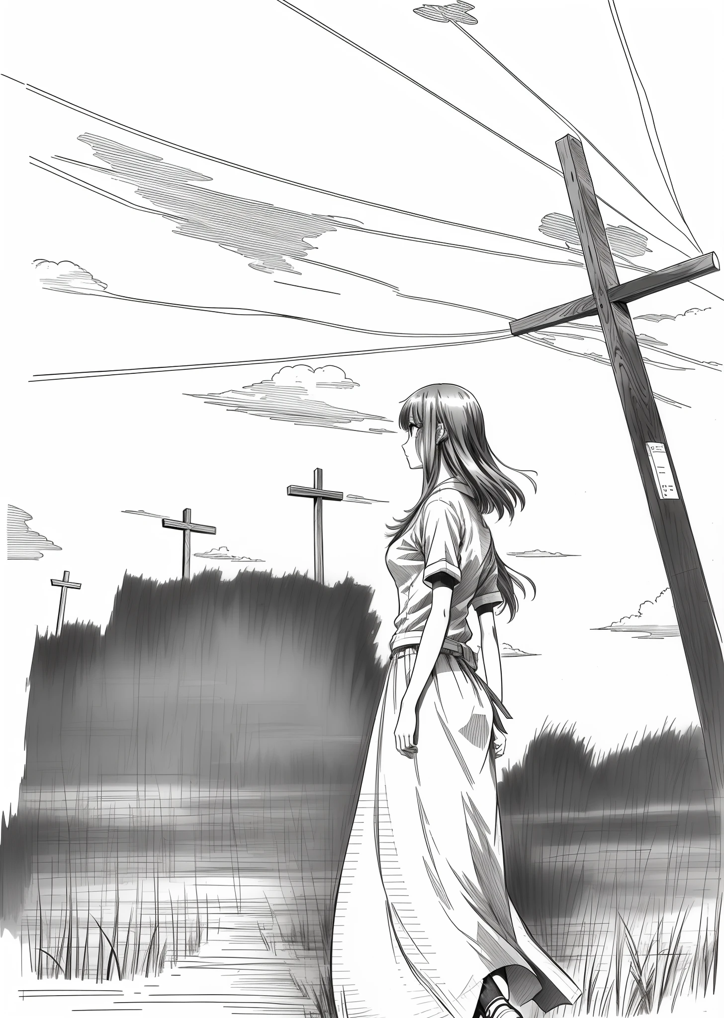 Draw a woman walking in a field,The background is a cross, pencil and ink manga, pencil and ink manga drawing, ink manga drawing, black and white manga style, punpun onodera, comic drawing, author:Middle Bokuhn, Manhwa Style, ( ( ( yoshinari yoh ) ) ), black and white manga panel