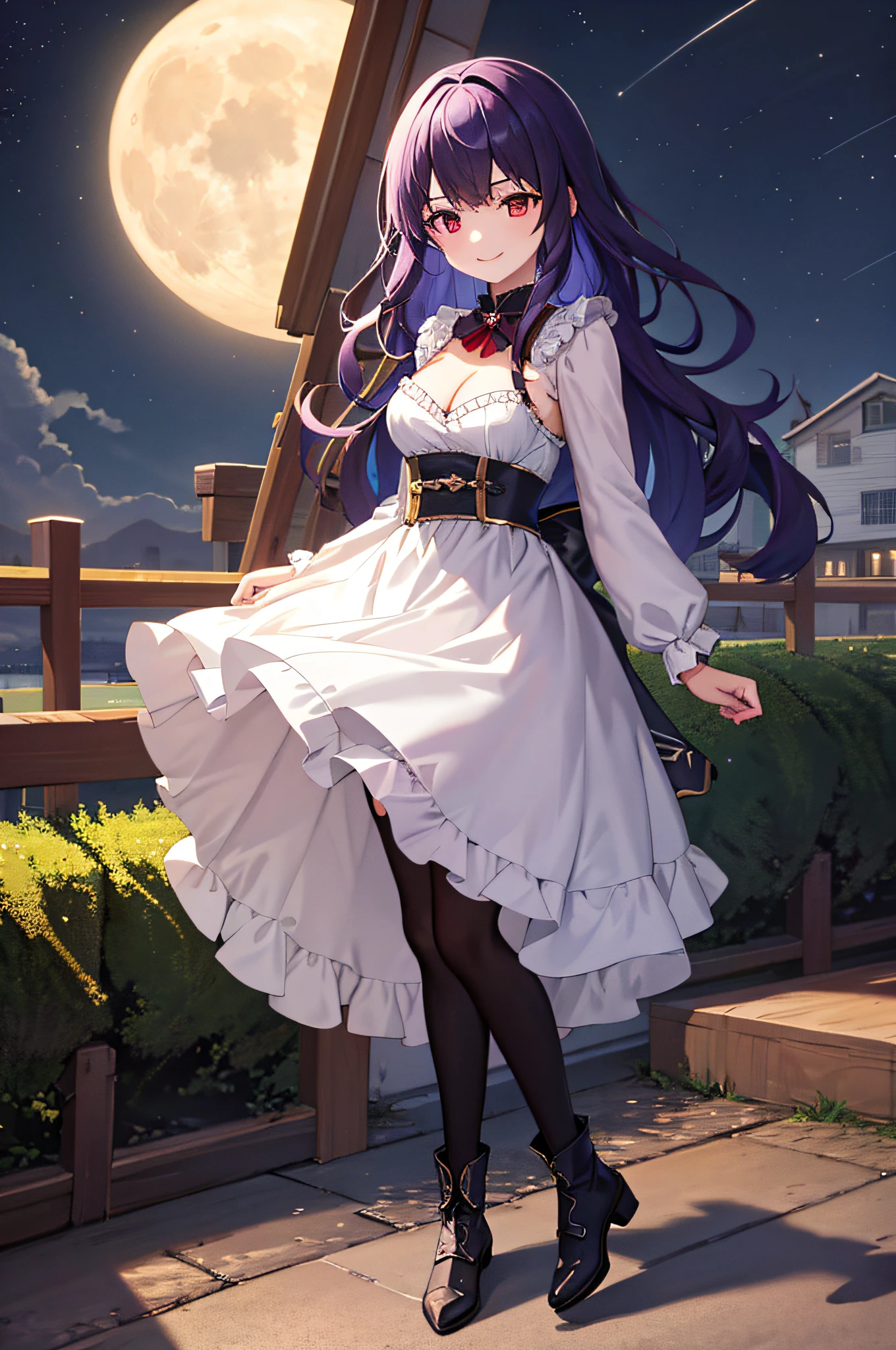 Masterpiece, Best Quality, 1girl, Solo, Night Sky, Outdoor, Moon, Stars, Clouds, Wind, Medium Hair, Boots, Witch, Smile, Red Eyes, Arms, Cleavage, Tree, Night,