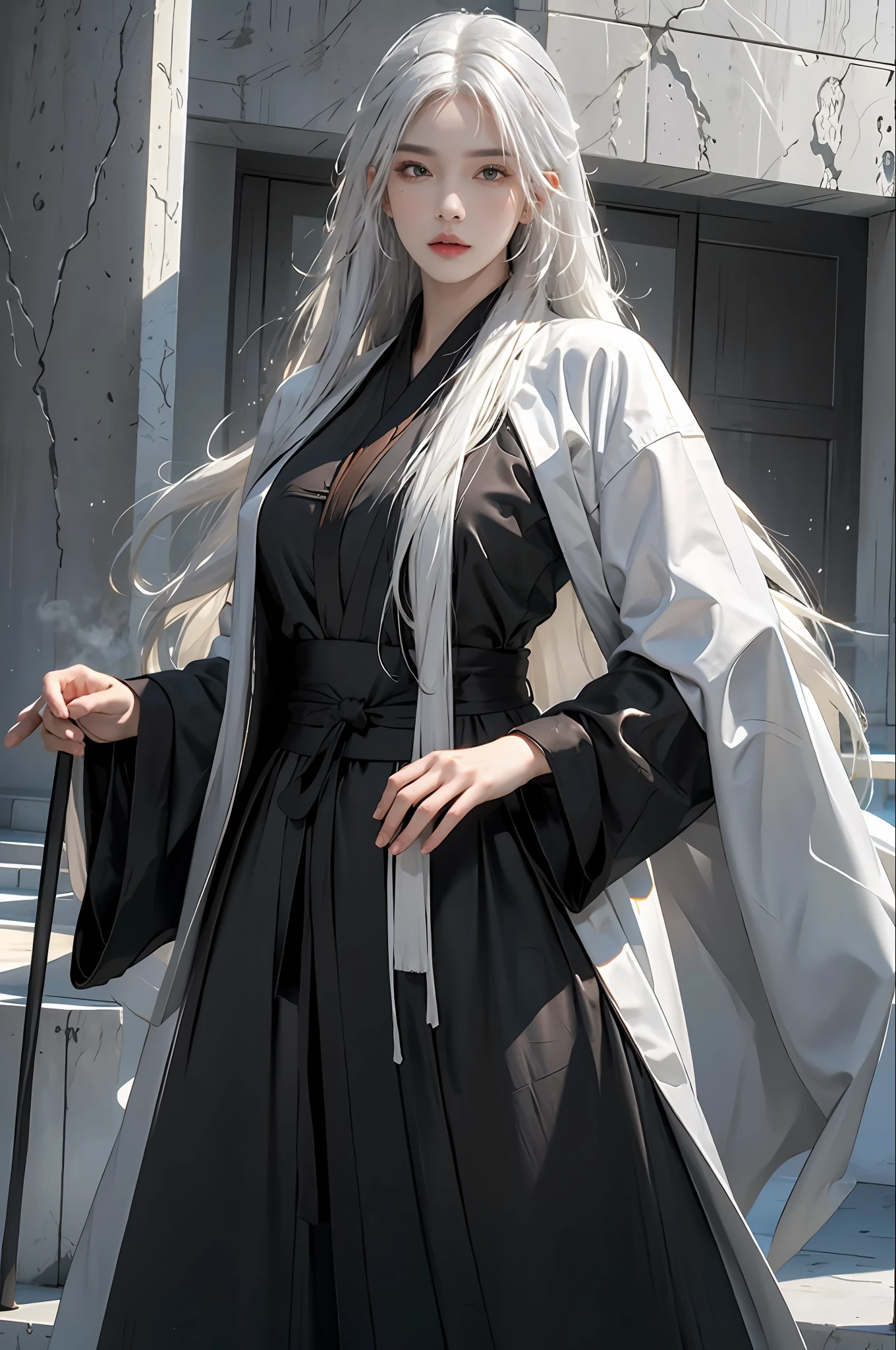 photorealistic, high resolution, 1women, solo, hips up, look at viewer, (detailed face), white hair, long hair, black Taoist robe,oversized clothes