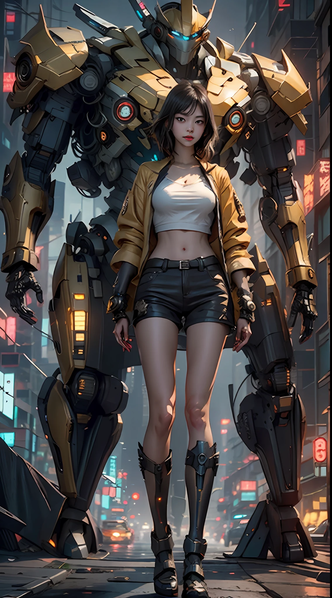 Boutique,best quality,Gold jewelry,(slip out feet),Fairy skin,(Fidelity :1.2),Standing,Super Detailed,realistic,High quality,Movie Light,Ray tracking,Ultra HD,Upper body
Girl in shorts and jacket standing next to giant robot, Guweiz style artwork, CyberPunk mech, Trends on CGSTATION, Guweiz, Russell Dongjun Lu, digital cyberpunk anime art, Ross Tran 8 K, Guweiz on ArtStation Pixiv, Girl in mecha network armor