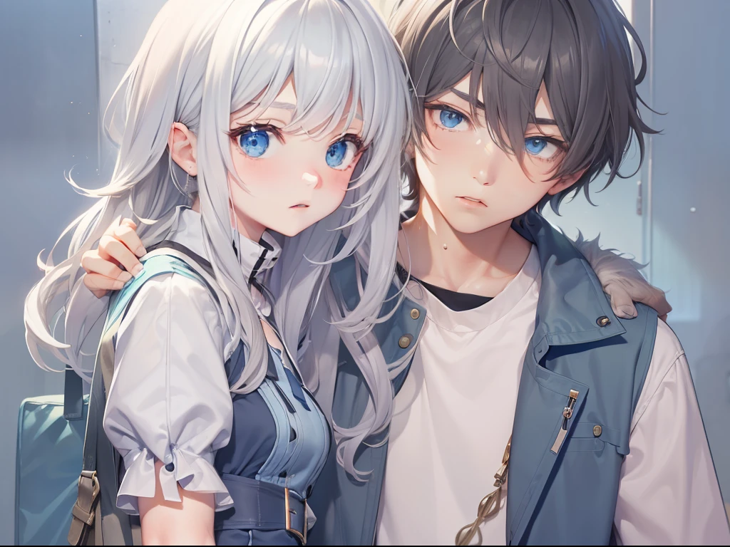 Generate a photo,Best quality, tmasterpiece, A boy holding a girl, a tall 18-year-old boy, Short gray hair and blue eyes, Expression concern, The girl is short in stature, Short white hair, blue eyes, Expression of grievance