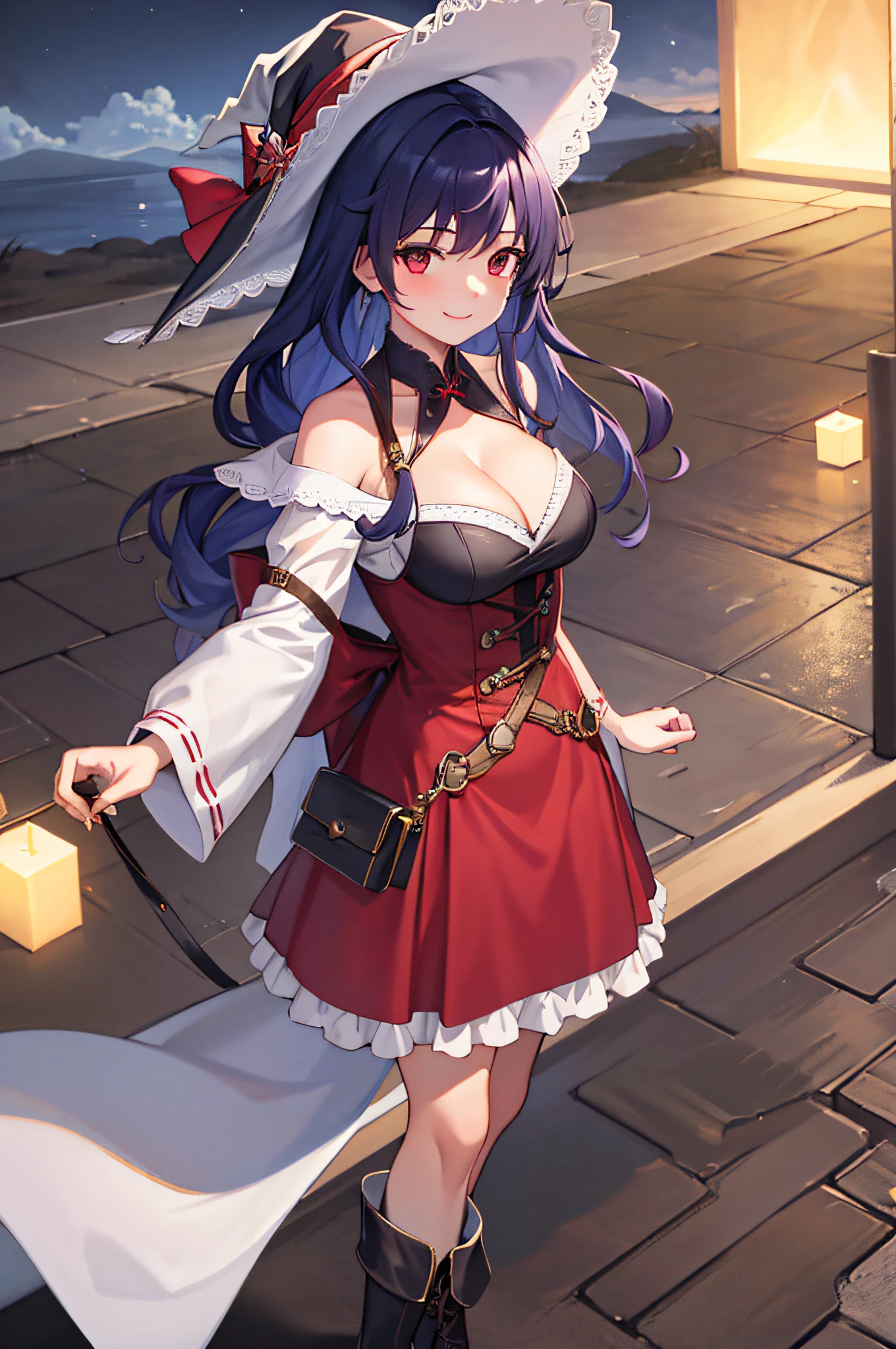 Masterpiece, Best Quality, 1girl, Solo, Night Sky, Outdoor, Moon, Stars, Clouds, Wind, Medium Hair, Boots, Witch, Smile, Red Eyes, Arms, Cleavage, Tree, Night,