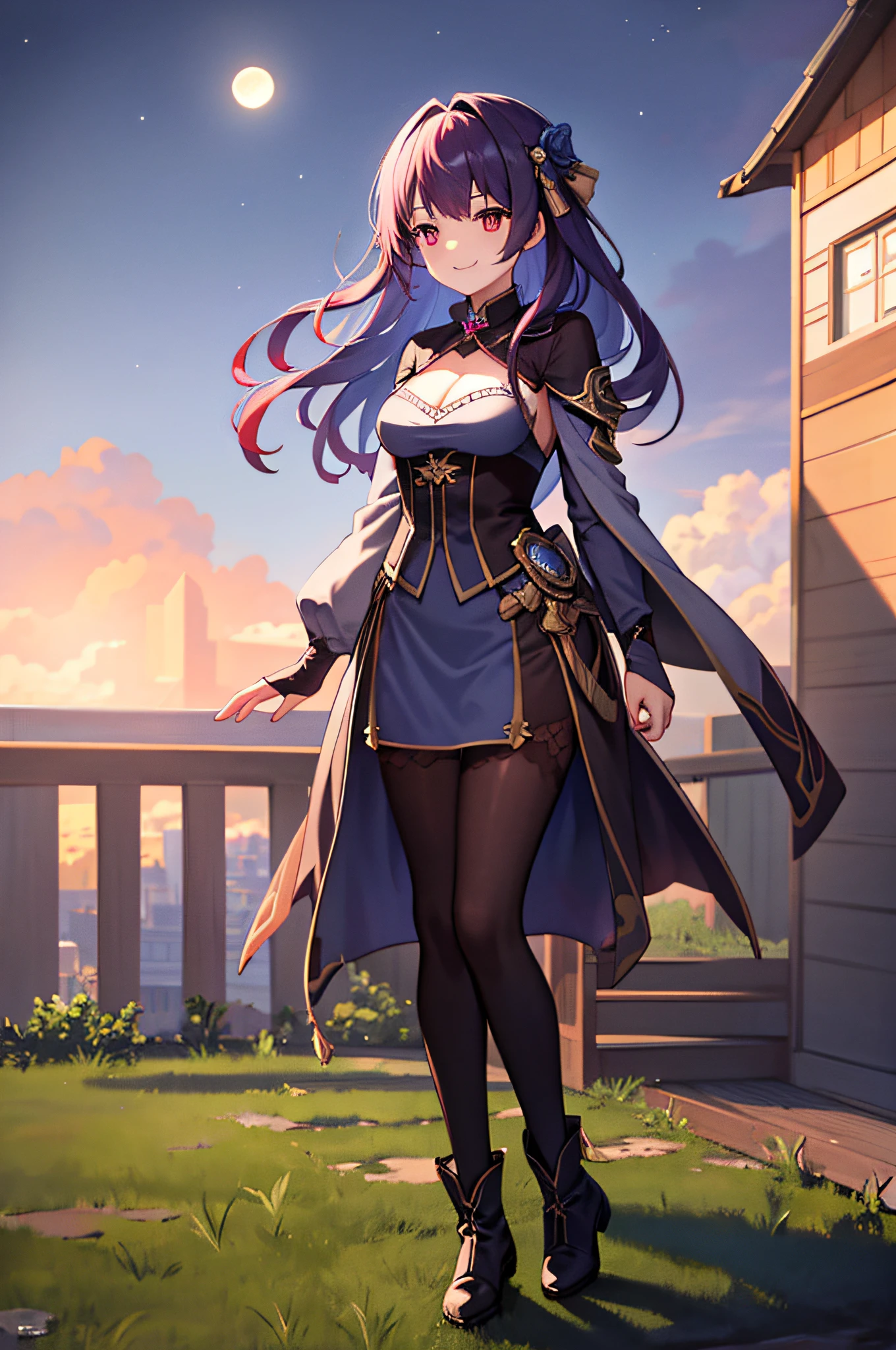 Masterpiece, Best Quality, 1girl, Solo, Night Sky, Outdoor, Moon, Stars, Clouds, Wind, Medium Hair, Boots, Witch, Smile, Red Eyes, Arms, Cleavage, Tree, Night,