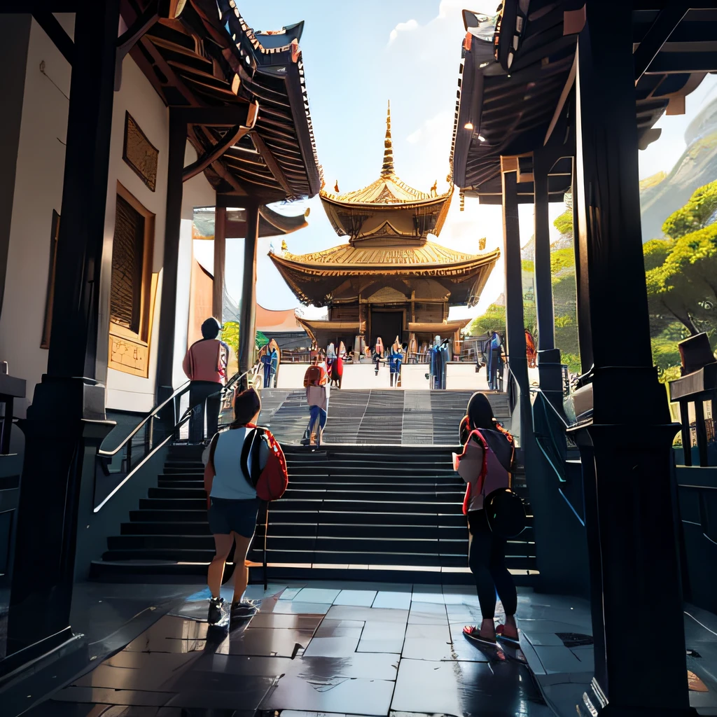 A group of tourists visit the temple