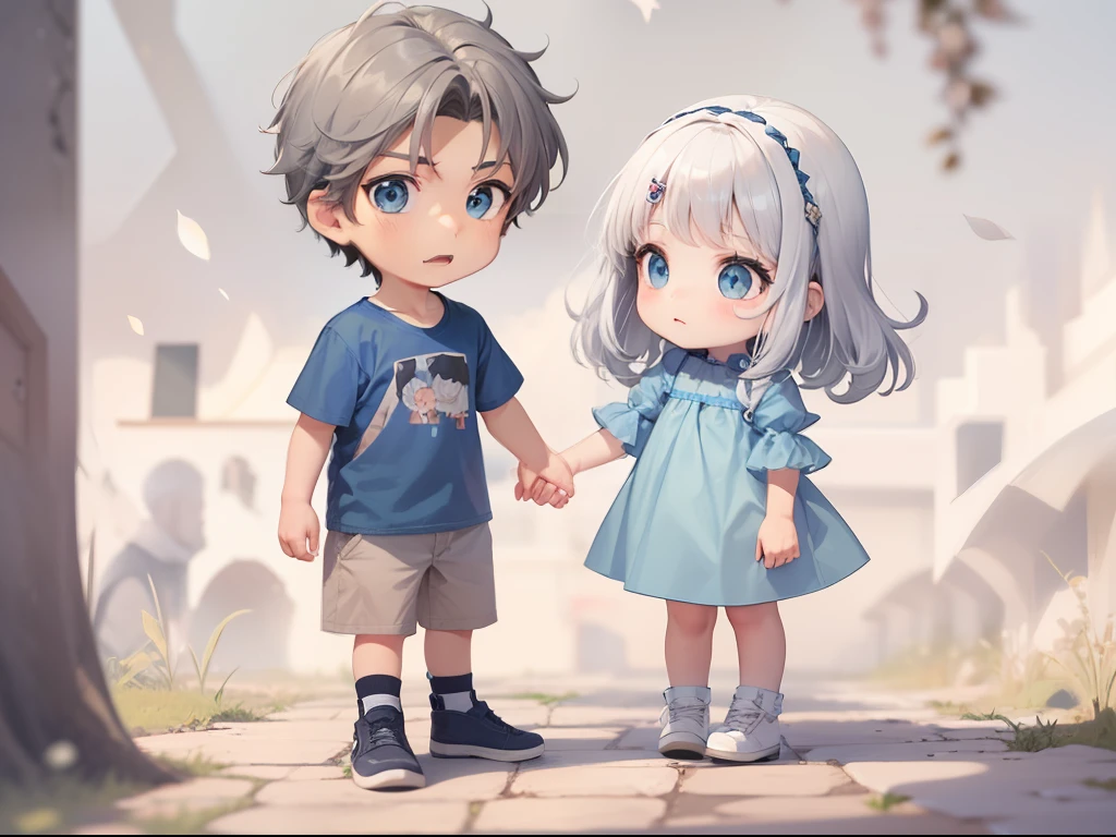 Generate a photo,Best quality, tmasterpiece, The older brother took his younger sister's hand, This brother and this sister face to face, This brother is an 18-year-old boy, Short gray hair, blue color eyes, Tall, Expression concern, This sister is a 5-year-old girl, Has short white hair,Short stature