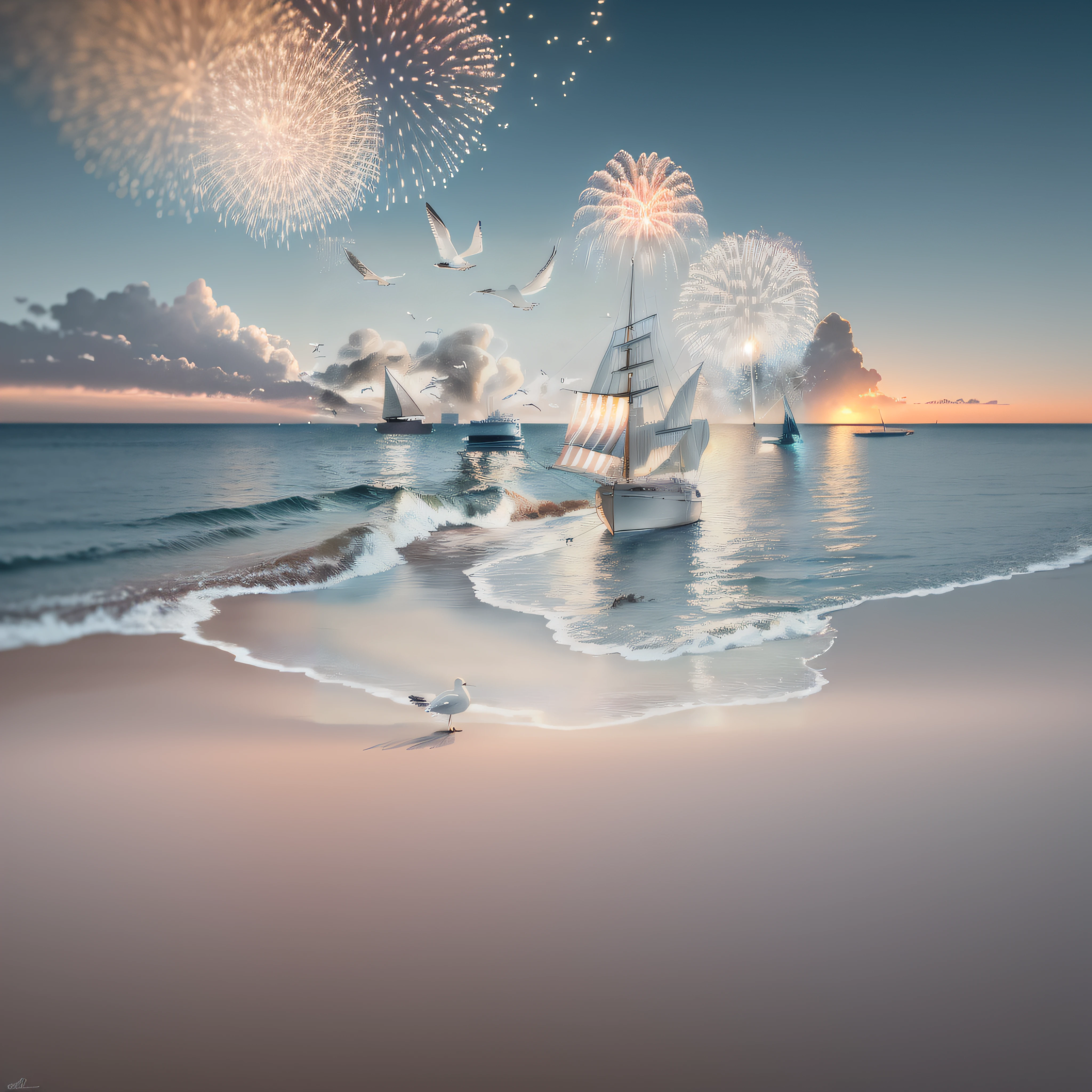 Light brown tone, distant view, details, fireworks, New Year, ocean, sailboat, seagull