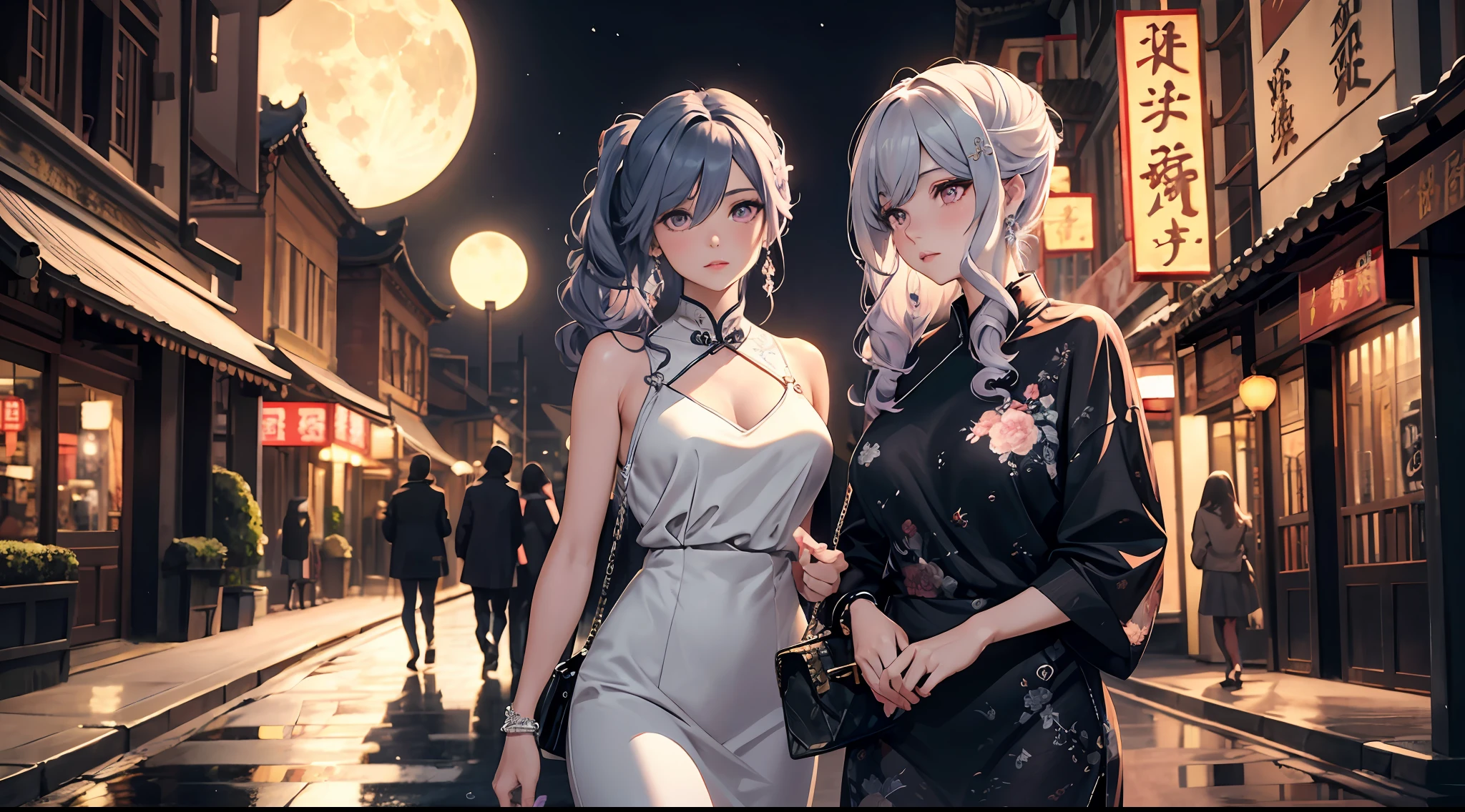 Masterpiece, Best quality, Night, full moon, 2 girls, Mature woman, Chinese style, Ancient China, sister, Royal Sister, Cold expression, Expressionless face, Silver white long haired woman, Light pink lips, calm, Intellectual, tribelt, Gray pupils, LV ladies bags, cell phone, flower ball background, Stroll through the street view，huge tit，blush，