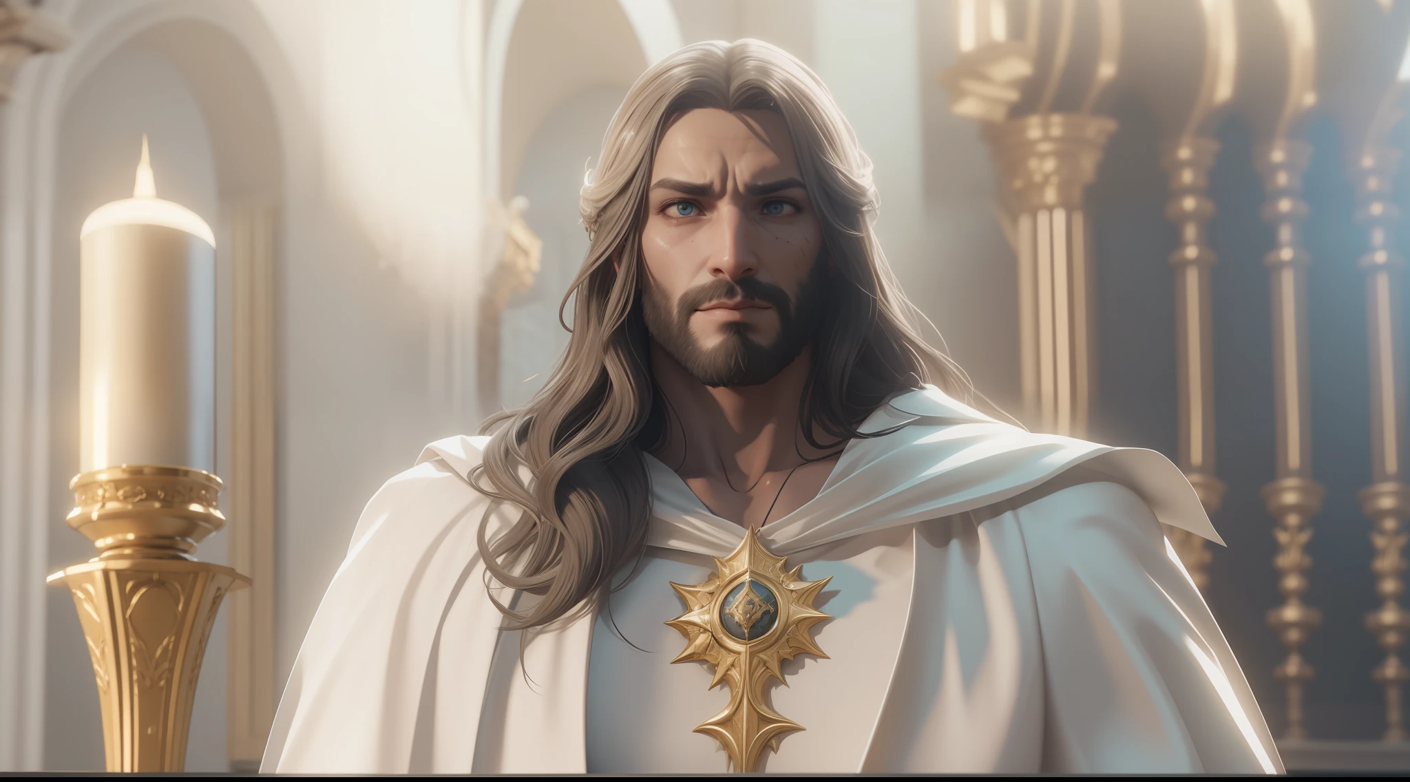 Homem em um manto branco e capa dourada com um capuz branco, Jesus Christ in epic and glorified form image of man long hair male, Fantasy Style 8k Octane Rendering, detailed cinematic render, dressed like a cleric, renderizado no Unreal Engine 5, (octan render) estilo fantasia, cinematic full character, Criado em Unreal Engine 5, Cinematic pose of authority and imposing, rosto perfeito olhos azuis, elegante, cinematic render, vestindo manto branco e dourado.