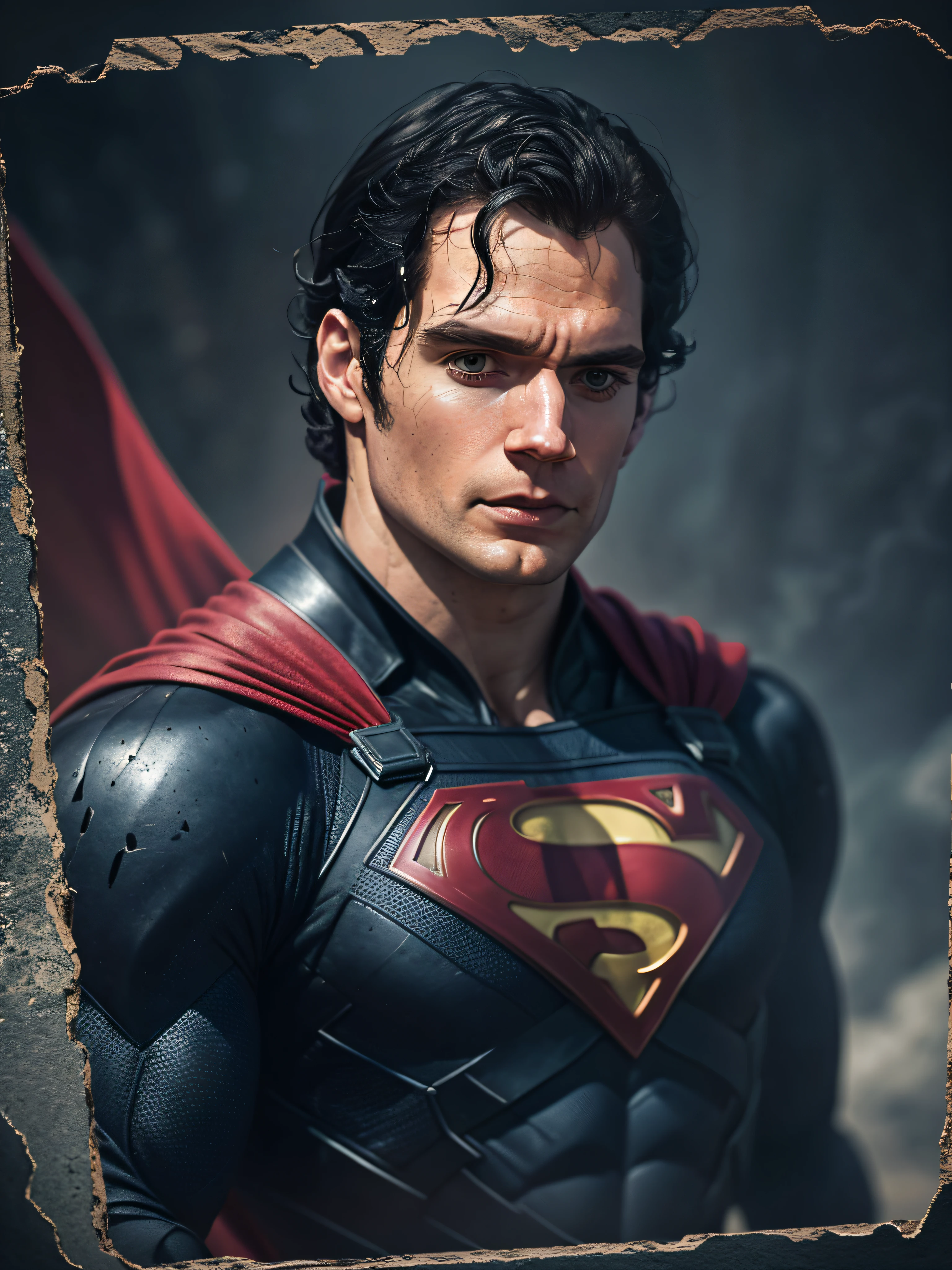 Henry Cavill as Superman, 40s year old, all black and red details suit, red cape, strain of hair covering forehead, short cut hair, tidy hair, tall, manly, hunk body, muscular, straight face, black medium hair, best quality, high resolution:1.2, masterpiece, raw photo, dark background, detailed suit, detailed face, upper body shot