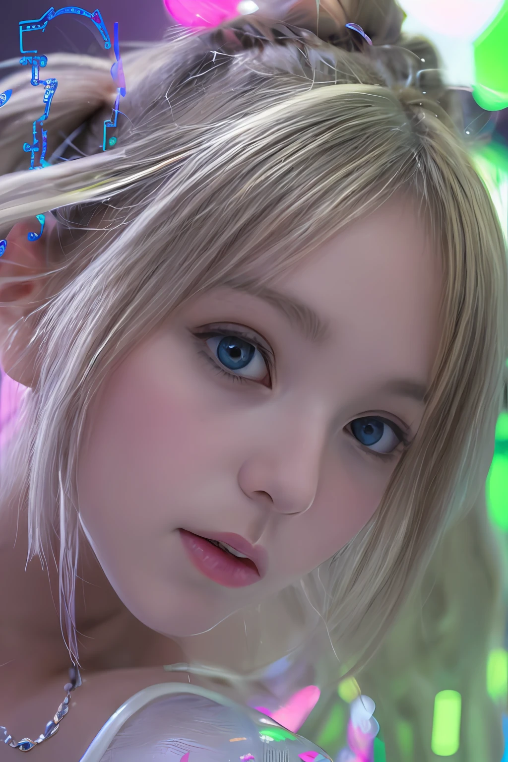top-quality、masterpiece、超A high resolution、(Photorealsitic:1.4)、Raw photo、女の子1人、years、Shiny platinum hair、A look of shame、glowy skin、((super realistic details))、portlate、globalillumination、Shadow、octan render、8K、ultrasharp、Colossal tits、cleavage of the breast、(Underbust of raw skin:1.4)、(White latex micro bikini without strings:1.4)、Chain at upper arm、high intricate detailed、Realistic light、CGSoation Trends、a purple eye、radiant eyes、Facing the camera、neon details、sitting on、Futuristic hair ornament、Gundam、Small LED lamp、Purple neon lighting、Green neon lighting、