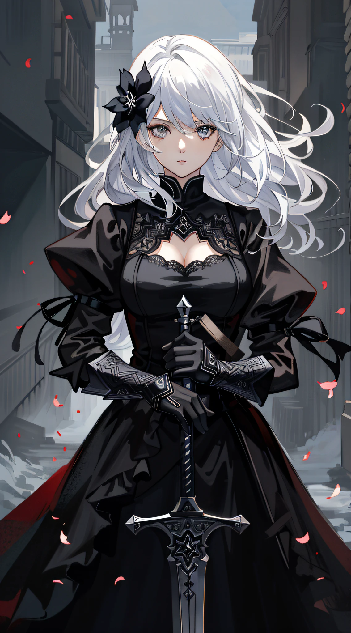 anime girl with white hair and black dress holding a sword, dark fantasy style art, gothic maiden anime girl, Stunning character art, epic exquisite  character art, 2b NIER automata, Guweiz on ArtStation Pixiv, Guweiz in Pixiv ArtStation, 8K high quality detailed art, dark fantasy style, Ross Tran 8 K, by Yang J