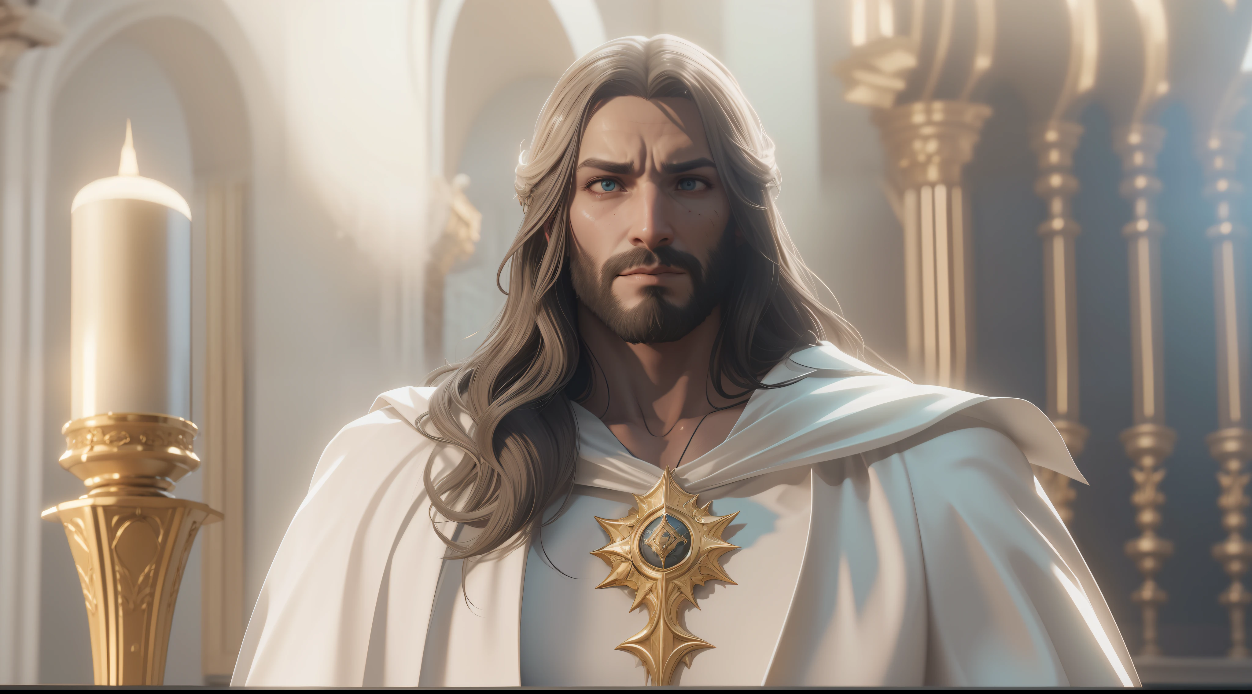 Homem em um manto branco e capa dourada com um capuz branco, Jesus Christ in epic and glorified form image of man long hair male, Fantasy Style 8k Octane Rendering, detailed cinematic render, dressed like a cleric, renderizado no Unreal Engine 5, (octan render) estilo fantasia, cinematic full character, Criado em Unreal Engine 5, Cinematic pose of authority and imposing, rosto perfeito olhos azuis, elegante, cinematic render, vestindo manto branco e dourado.
