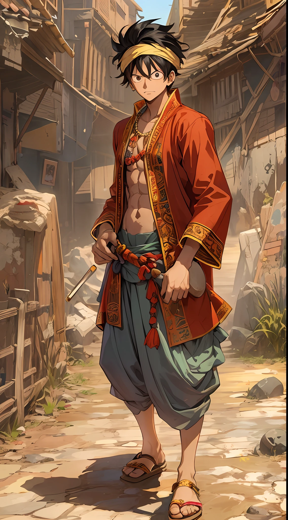 Monkey D. Luffy Afghanistan , If Luffy was from Afghanistan, he might wear traditional Afghan clothing, such as a shalwar kameez or a perahan tunban. He might also wear a turban or a pakol hat. Luffy is known for his straw hat, which he wears as a symbol of his identity and his promise to become the Pirate King. If Luffy was from Afghanistan, his straw hat might be decorated with traditional Afghan embroidery or patterns. If Luffy was from Afghanistan, he might wear a vest and pants made of traditional Afghan fabrics, such as silk or cotton. He might also wear sandals or traditional Afghan shoes, such as khussa or chappal. Luffy's appearance is iconic and recognizable, and if he was from Afghanistan, he would likely incorporate elements of Afghan culture into his outfit while maintaining his signature style,extremely detailed, ultra hd, hdr, 8k, cinematic, dramatic lighting ray tracing reflections, unreal render