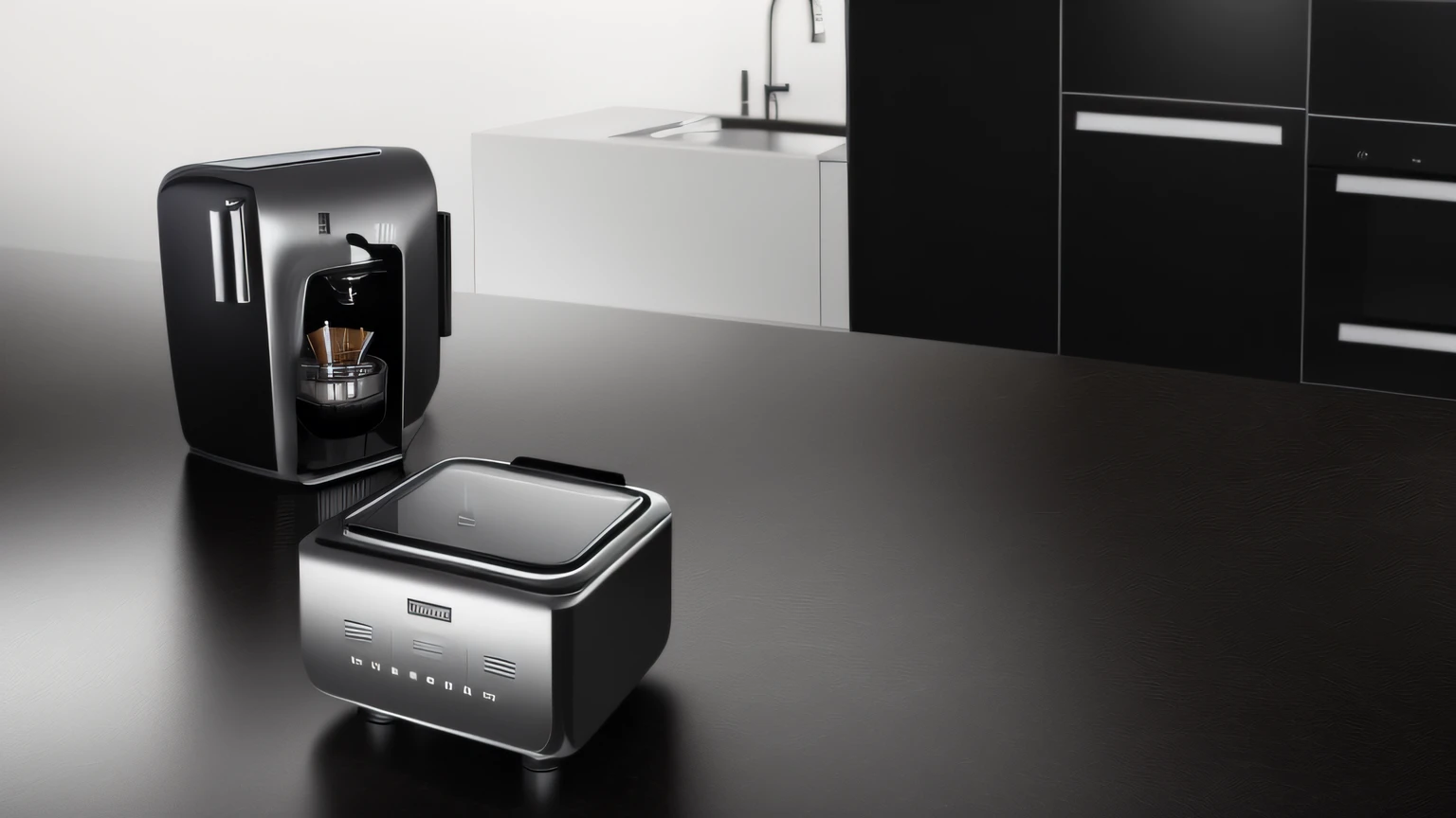 The kitchen counter has a black and silver coffee machine,Black and white countertops,Black and silver countertops,Dalof Ipukar,unreal engine rendered,computer render,hyper photorealism,