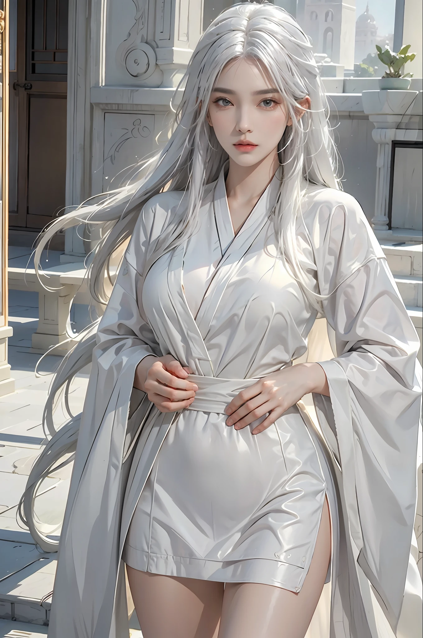 photorealistic, high resolution, 1women, solo, hips up, look at viewer, (detailed face), white hair, long hair, colorful Taoist robe,oversized clothes