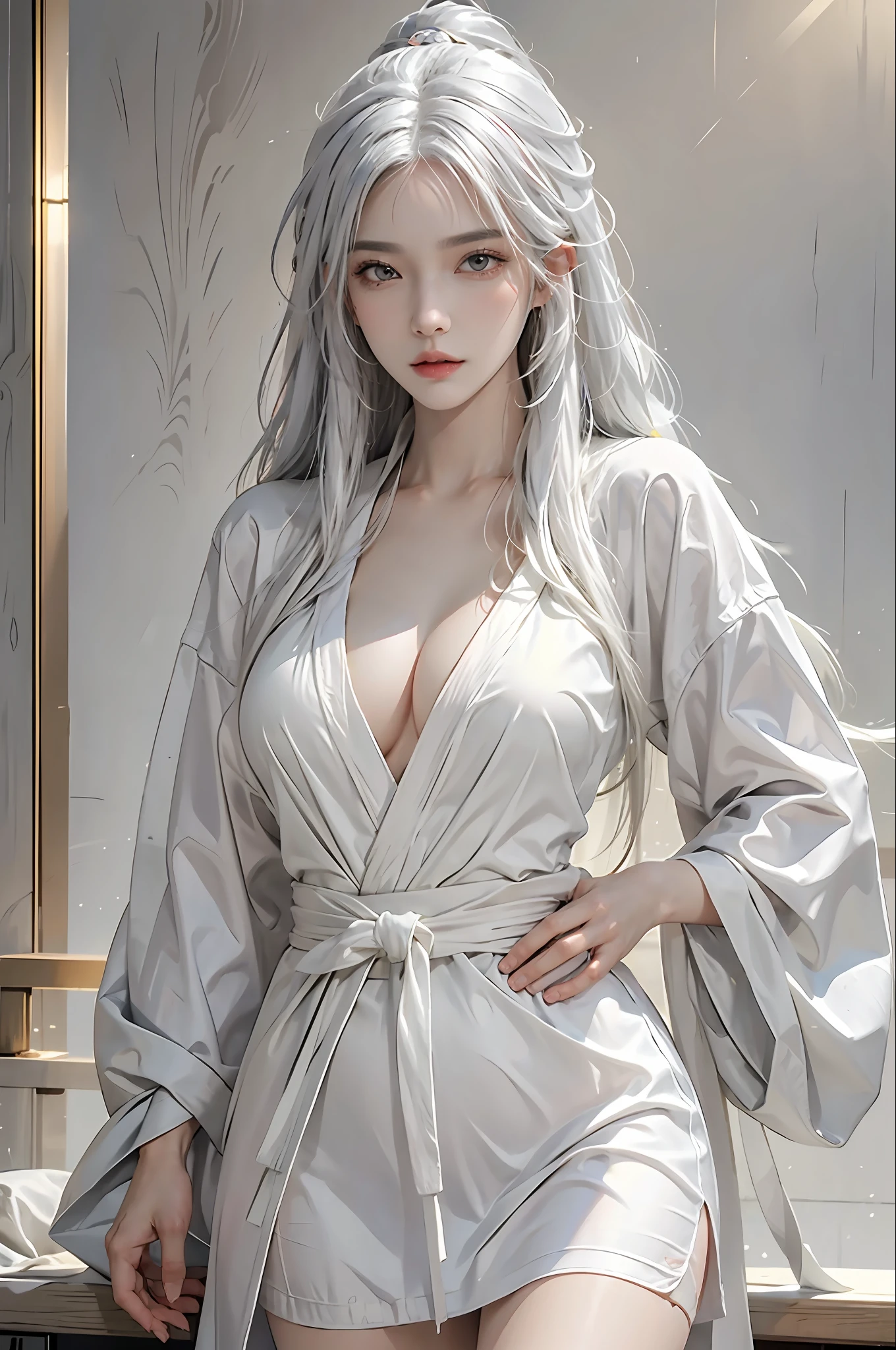 photorealistic, high resolution, 1women, solo, hips up, look at viewer, (detailed face), white hair, long hair, colorful Taoist robe,oversized clothes