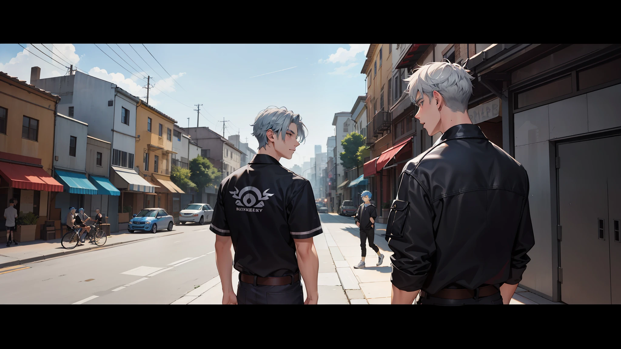 In the background is a silver city Two 15-year-old teenage friends with blue hair, With Latin skin and light gray hair on the outskirts of a large silver city they are talking about an important topic they are friends almost like brothers.................