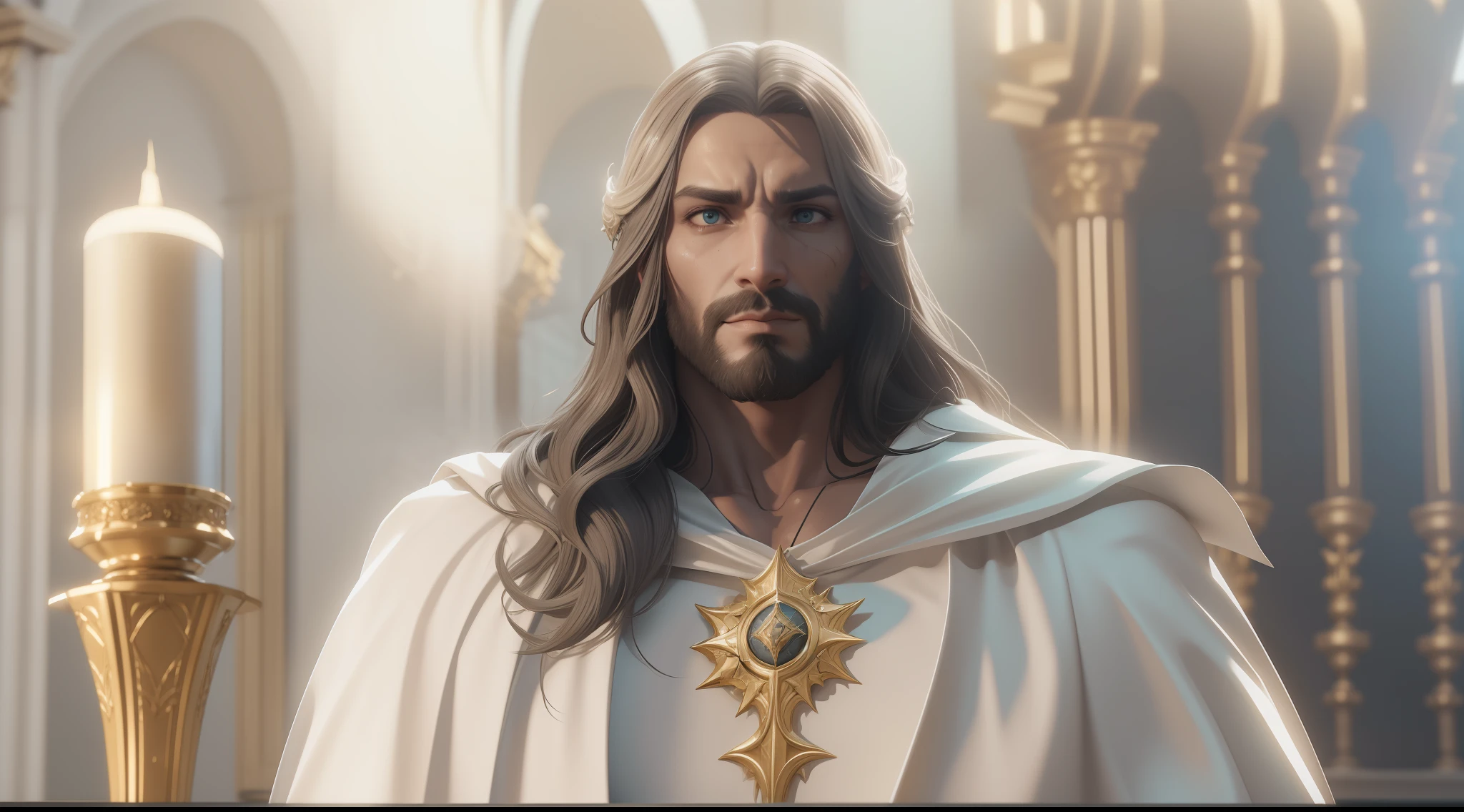 Homem em um manto branco e capa dourada com um capuz branco, Jesus Christ in epic and glorified form image of man long hair male, Fantasy Style 8k Octane Rendering, detailed cinematic render, dressed like a cleric, renderizado no Unreal Engine 5, (octan render) estilo fantasia, cinematic full character, Criado em Unreal Engine 5, Cinematic pose of authority and imposing, rosto perfeito olhos azuis, elegante, cinematic render, vestindo manto branco e dourado.