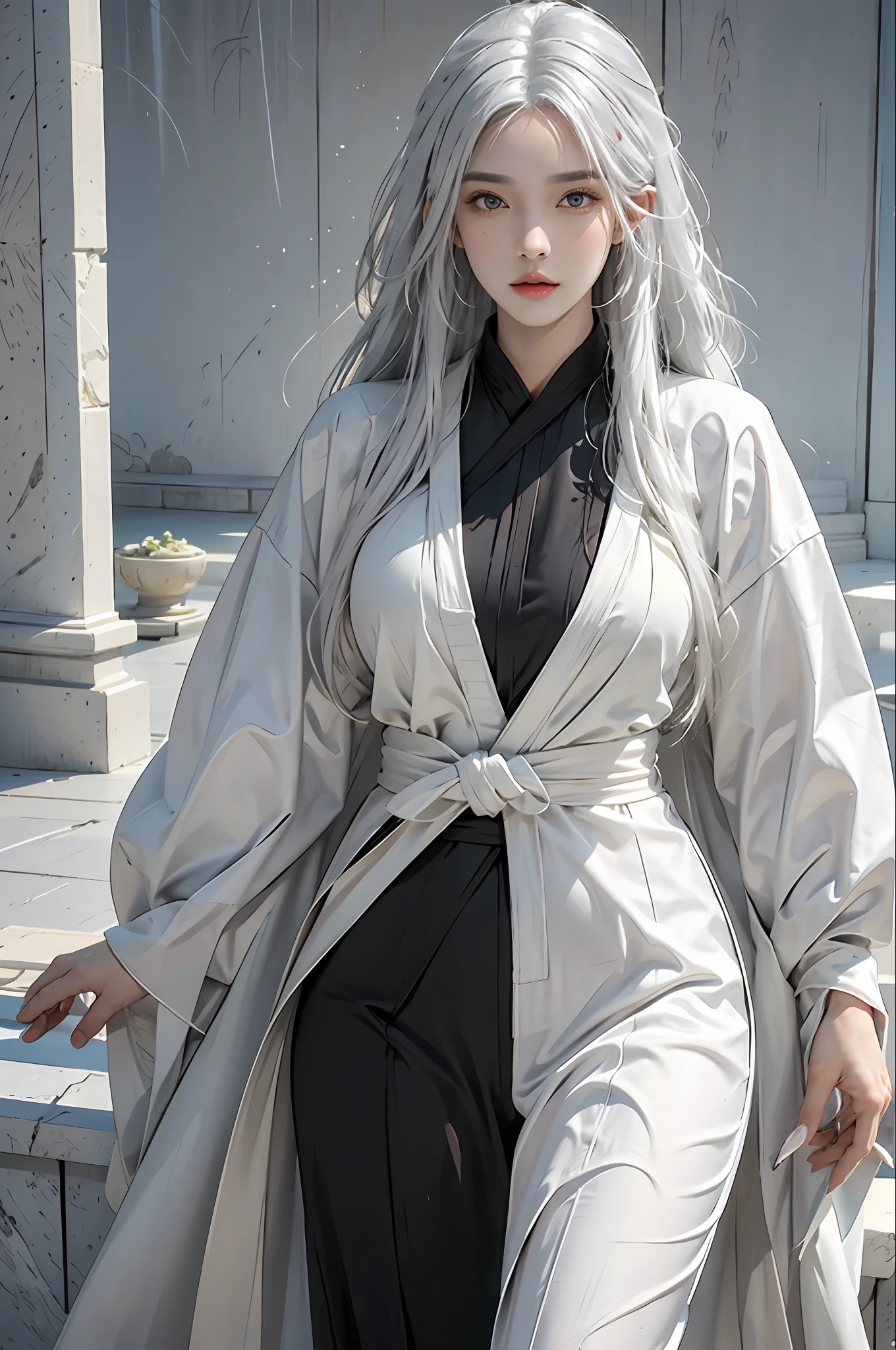 photorealistic, high resolution, 1women, solo, hips up, look at viewer, (detailed face), white hair, long hair, colorful Taoist robe,oversized clothes