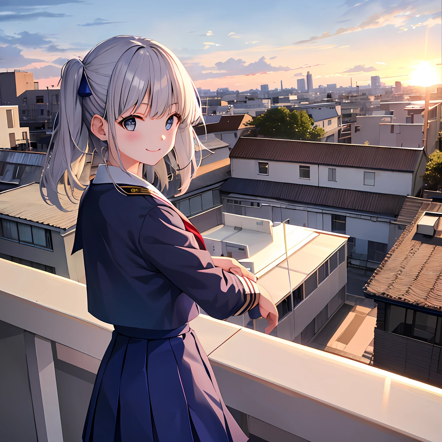 high quality, best quality, masterpiece, absurdres, nagase mana, uniform, 1girl, white school_uniform, blue skirt, school, sunset, rooftop, smile