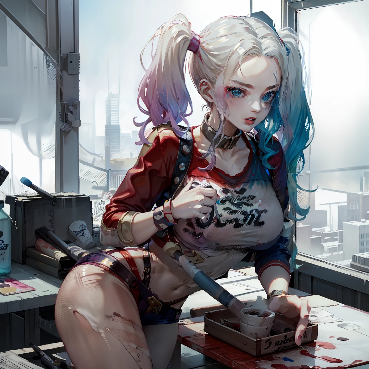 Get wet,Powder blue gradient double ponytail,Royal Sister,Large breasts,hot girls,Raised sexy,Drawing board,Painter,Art studio,artist,Handheld brush,Handheld color palette