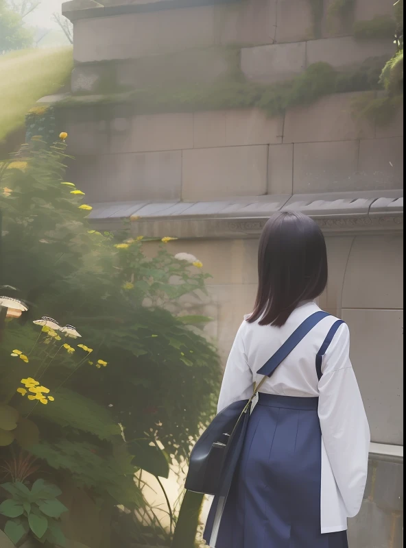 There was a woman standing in front of a stone wall, ancient garden behind her, inspired by Leng Mei, wearing a Japanese school uniform, clothed in ancient street wear, Anime girl in real life, standing in a botanical garden, ancient city streets behind her, style in ghibli anime, Anime girl cosplay, Magical school student uniform, inspired by Yu Zhiding
