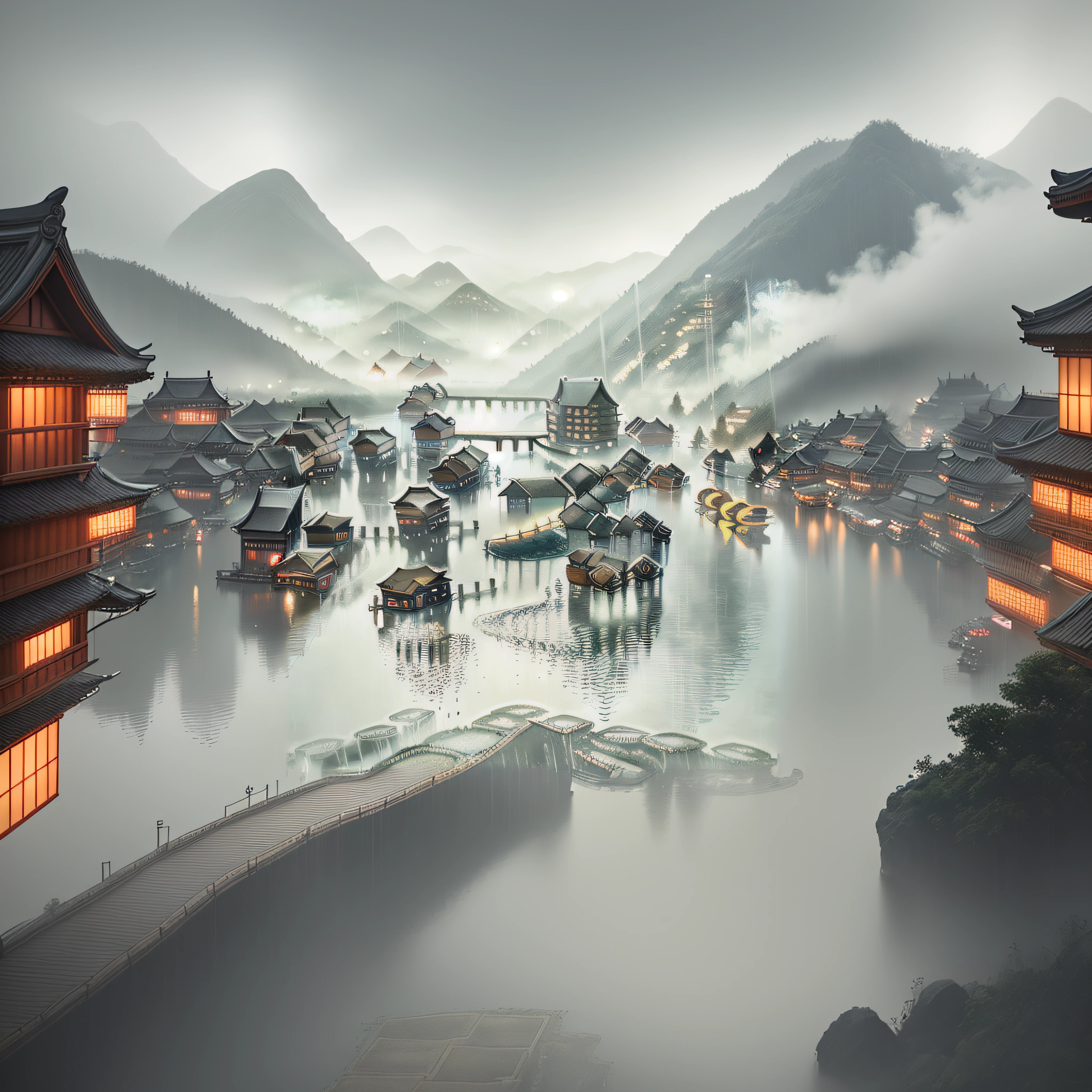arafed view of a village with a lot of lights on the buildings, dreamy chinese town, chinese village, amazing wallpaper, japanese town, japanese village, hyper realistic photo of a town, old asian village, japanese city, by Raymond Han, rainy evening, cyberpunk chinese ancient castle, beautifully lit buildings, at evening during rain, beautiful and aesthetic, photography, cinematic, 8k, high detailed ((Heavy rain)))