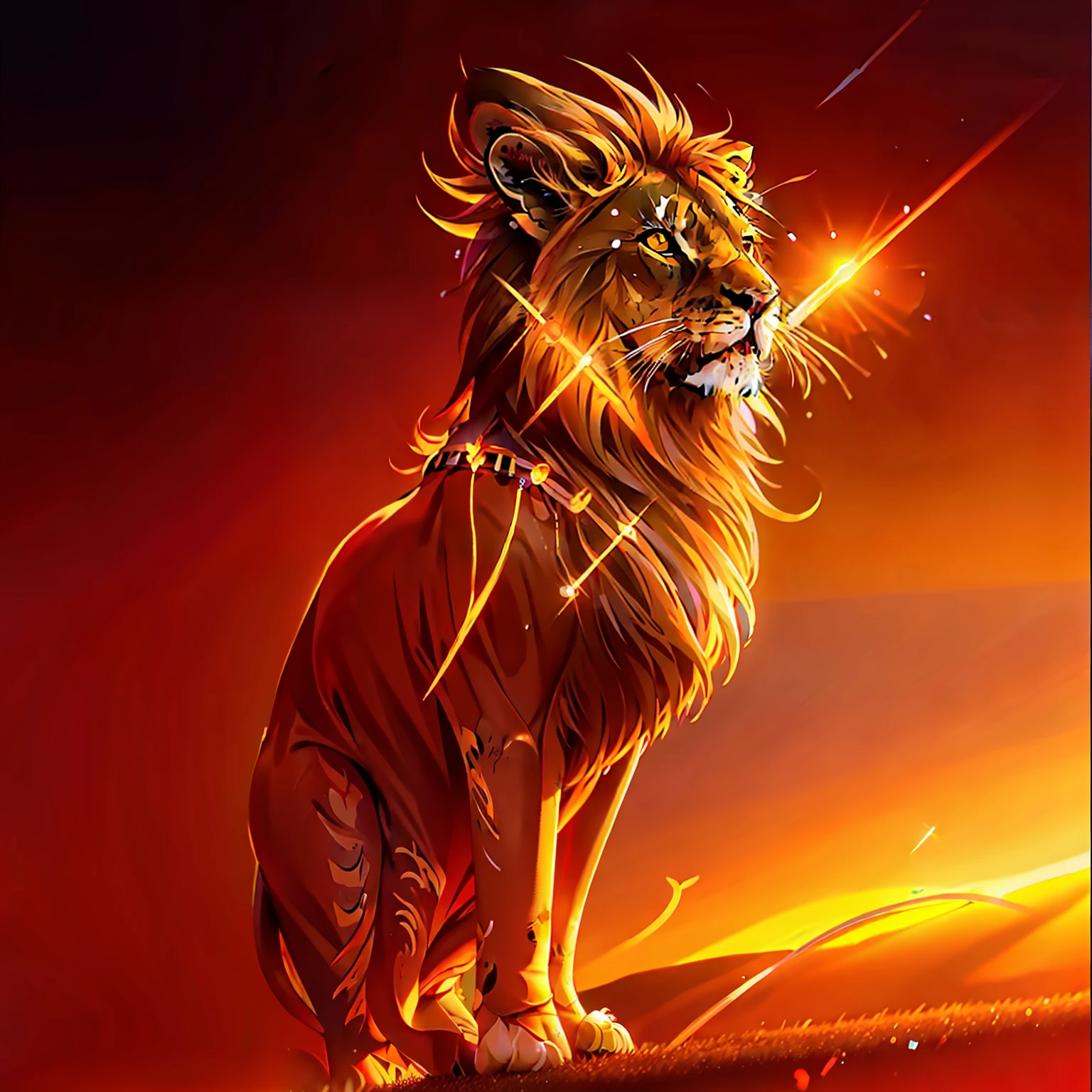 A majestic and majestic lion, His golden mane floating in the wind with overcast sky with beam of light illuminated the lion. From a distance, The setting sun paints the sky in shades of fiery orange and deep purple, casting a warm and welcoming glow on the African landscape.