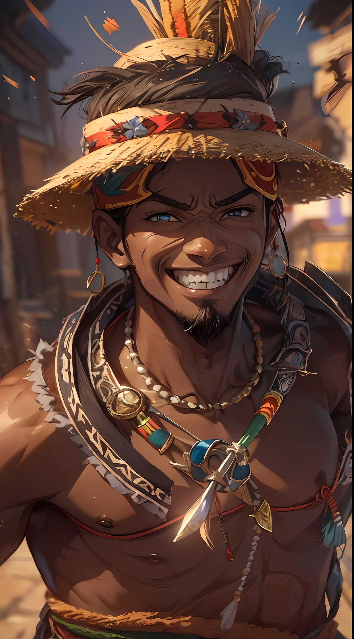 Luffy Lucan from Cameroon, the charismatic AI hero joining the Straw Hat crew. His deep ebony skin radiates strength, and his dazzling smile shines like the African sun. Dressed in traditional Cameroonian garb with intricate patterns, he wields a mystical tribal staff. With rhythm in his steps, he embarks on a thrilling journey, celebrating his roots and bringing unity to the seas,xtremely detailed, ultra hd, hdr, 8k, cinematic, dramatic lighting ray tracing reflections