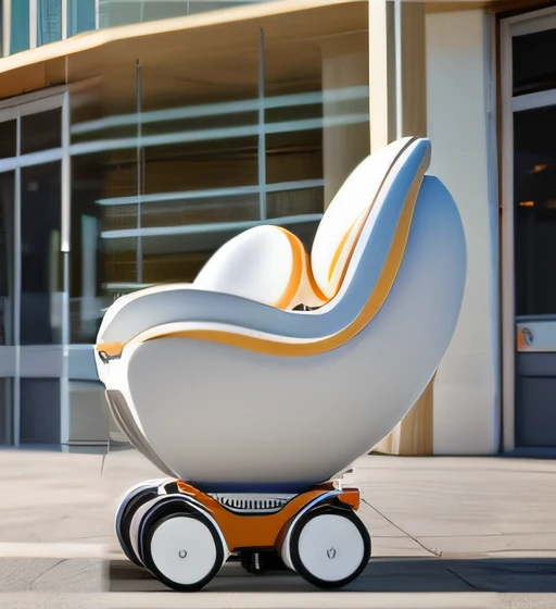 there are two egg shaped chairs sitting on wheels in front of a building, futuristic wheelchair, futuristic design, smart design, smooth curvature design, crisp smooth lines, futuristic furniture, elegence, magnificent design, pininfarina, karim rashid, beautiful design, elegent, v - ray, v-ray, elegant design, modern design, futuristic