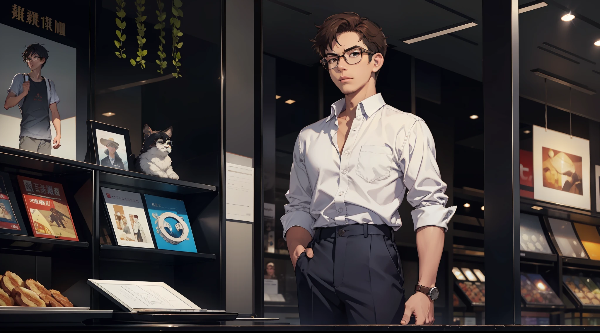 A young male、Refreshed、Wearing glasses Focus and confidence、The expression is serious、Looks calm, neatly short, and wears a loose white shirt、Standing dignified and steady at the entrance of the mall