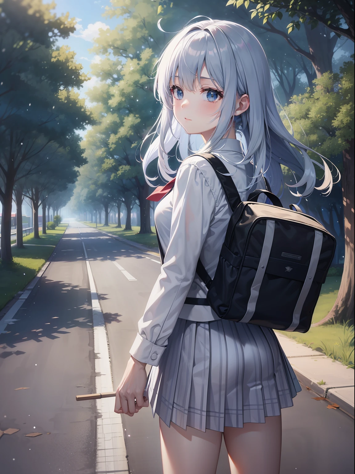 a beautiful female, walk on the schoo road, the girl flicks her long gair and picks a school bag, wearing school uniform, two side of trees besid the road, wind blow, paddle of water on the ground, a drip of water drop from the tress, pieces of levies fall down, long hair, gradient hair, blue hair, silver hair, black hair, cowboy shot, first-person view, ray tracing, reflection light, anime style, masterpiece, high quality, anatomically correct, ccurate, super detail, UHD, HD