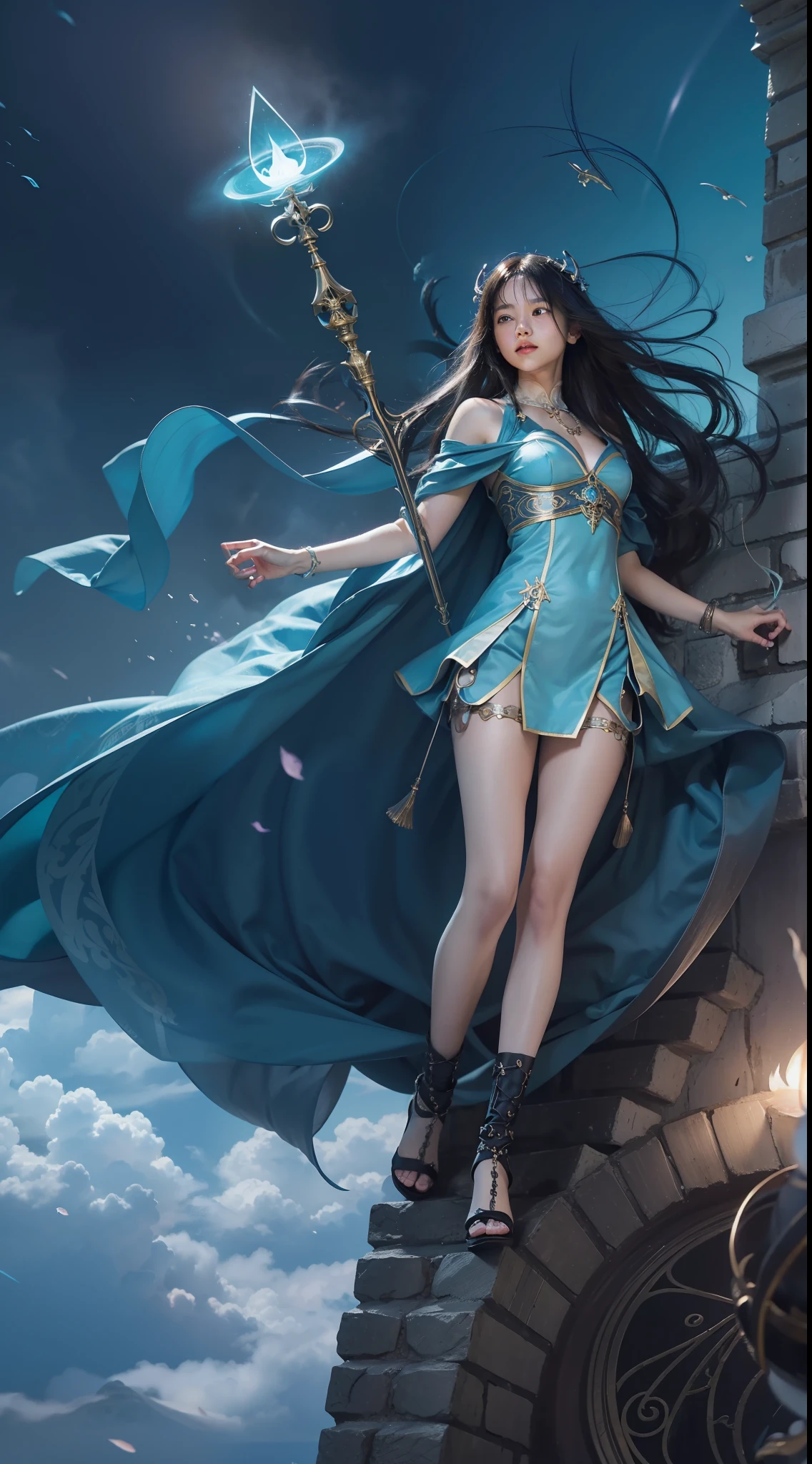 Above the rising clouds,Daytime, Dark, (Fantasy),infinite,deep blue sky,The abyss of knowledge,Cowledge,((masutepiece)), (((Best Quality))),((Beautiful fine eyes)),(Eye lashes)、Realistic clouds、Very beautiful face、The ultra -The high-definition、high fantasy castle、beautiful Girl、(女の子1人)、Black hair、The long-haired、abyss eyes、glowy skin、oils、small tits、Perfect human body structure、Wizard robes、tattered cloth、Realistic coat、Teenchi、Super delicate CG Unity 32k wallpaper、photoRealstic、masterpiece, ((ultra-detailliert)), ((illustratio)),colourfull,wall-paper,The energy,Unknown terror,Incomprehensible,Around the magic,Magical surroundings,magic wands,Boken,Flying pages,Know everything,Predict the future、Get to know the past、Infinite wisdom、blue flames、Warlock、magic circles、Pentagram、Spells、mantra、Singing magic