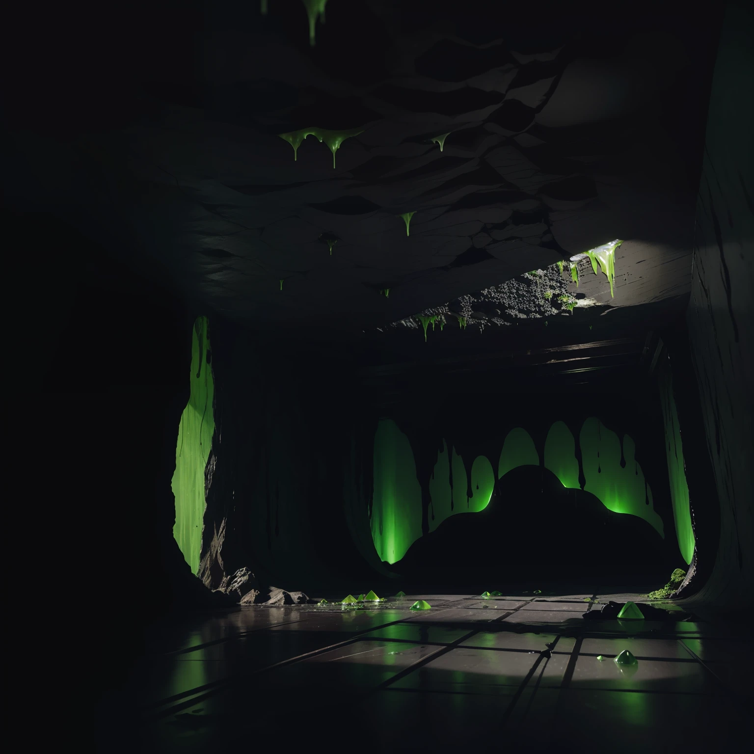 The Dark Cave, completely filled and covered in black slime that drips down from the ceiling, Lots of green crystals, Low ceiling, green and black crystals, mucus on the floor and ceiling, Green crystals grow out of the walls, Unreal Engine 5