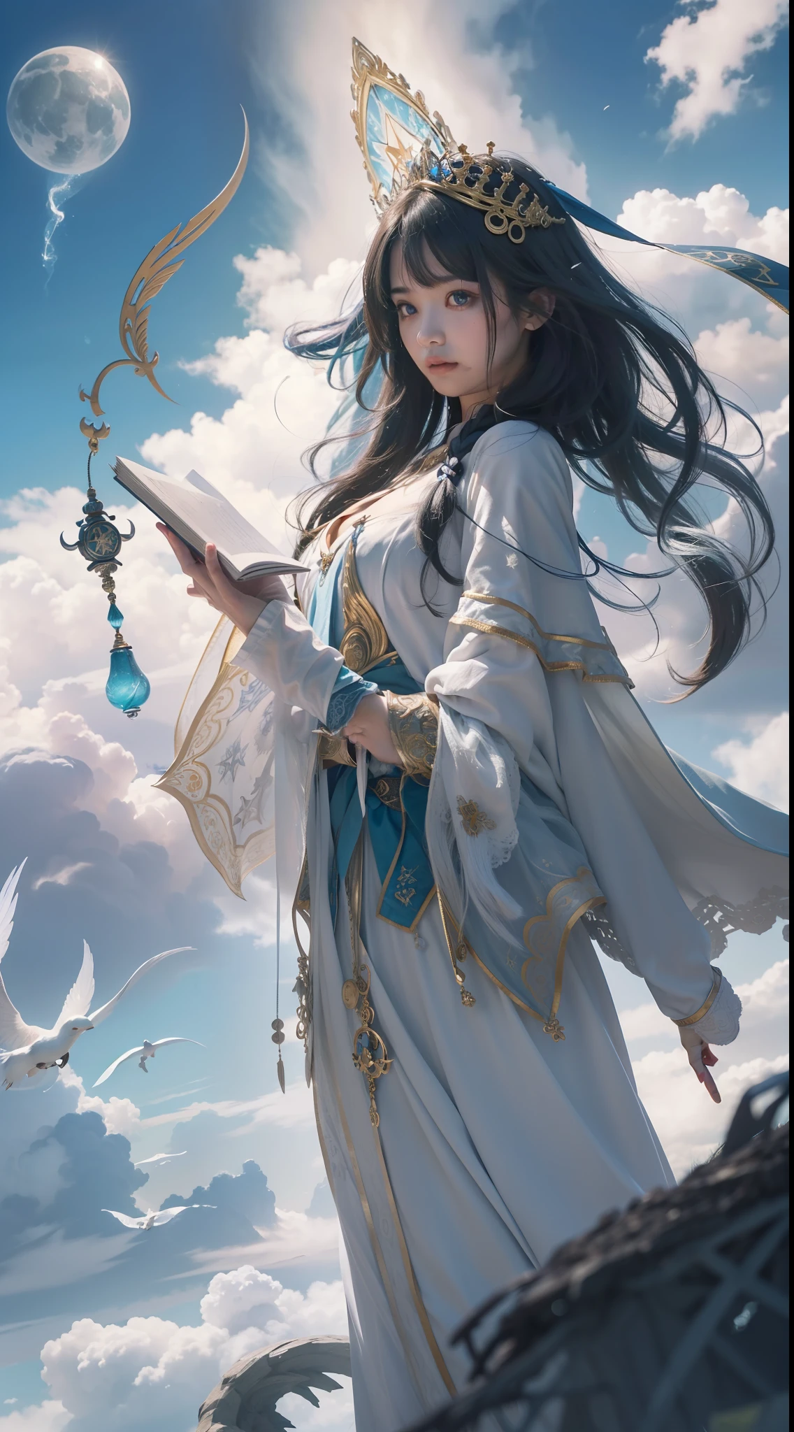 Above the rising clouds,Daytime, Dark, (Fantasy),infinite,deep blue sky,The abyss of knowledge,Cowledge,((masutepiece)), (((Best Quality))),((Beautiful fine eyes)),(Eye lashes)、Realistic clouds、Very beautiful face、The ultra -The high-definition、high fantasy castle、beautiful Girl、(1人)、Black hair、The long-haired、abyss eyes、glowy skin、oils、small tits、Perfect human body structure、Wizard robes、tattered cloth、Realistic coat、Tee、Super delicate CG Unity 32k wallpaper、photoRealstic、masterpiece, ((ultra-detailliert)), ((illustratio)),colourfull,wall-paper,The energy,Unknown terror,Incomprehensible,Around the magic,Magical surroundings,magic wands,Boken,Flying pages,Know everything,Predict the future、Get to know the past、Infinite wisdom、blue flames、Warlock、magic circles、Pentagram、Spells、mantra、Singing magic