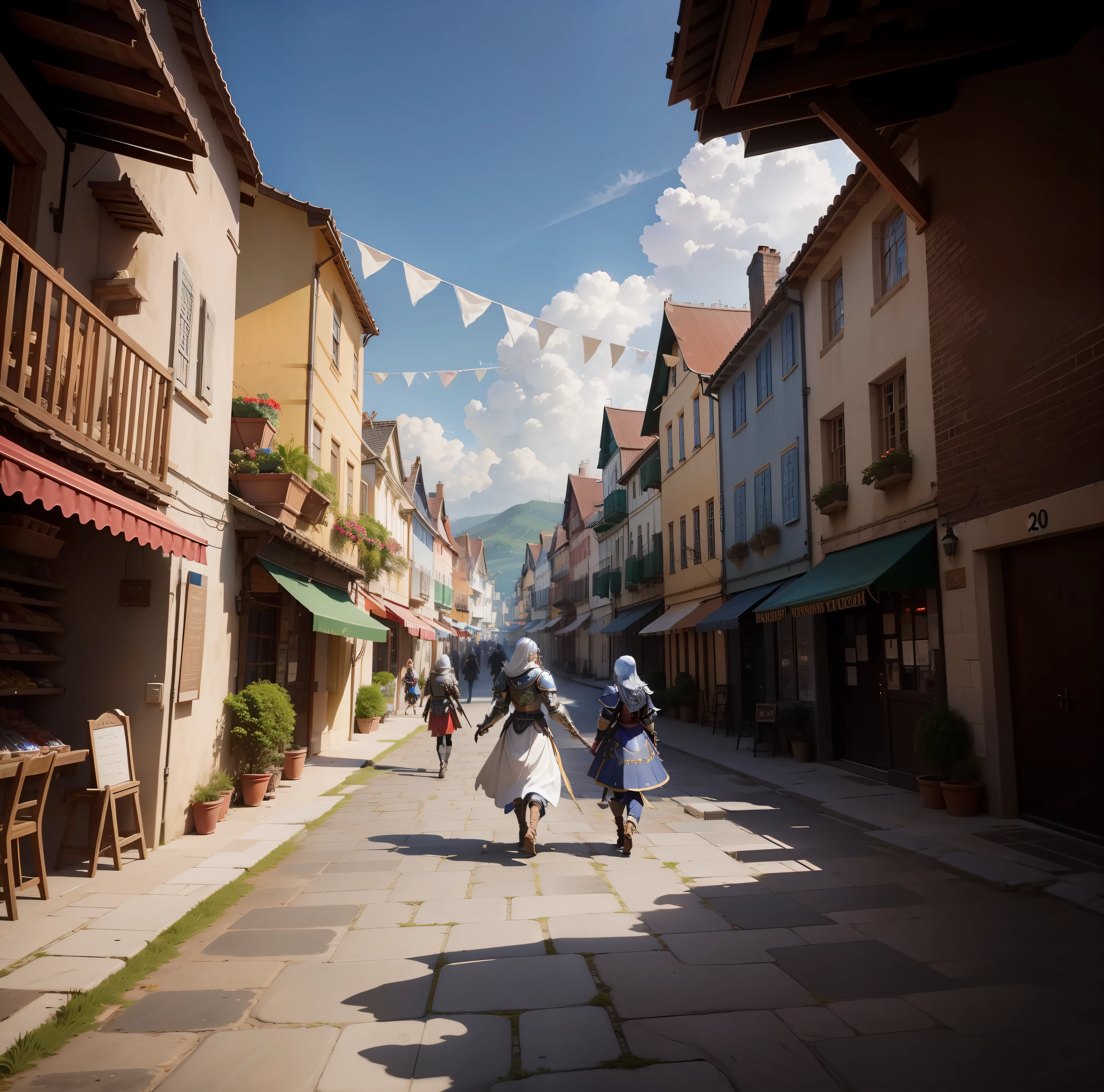 Old Towns of Medieval Europe Ocean wind Brick house stone pavement Lively party Anime of the 2020s Screenshot of Anime Knight in Armor Woman in cloth omatsuri Parti carnival busy noisy a person々 store clerk Marche