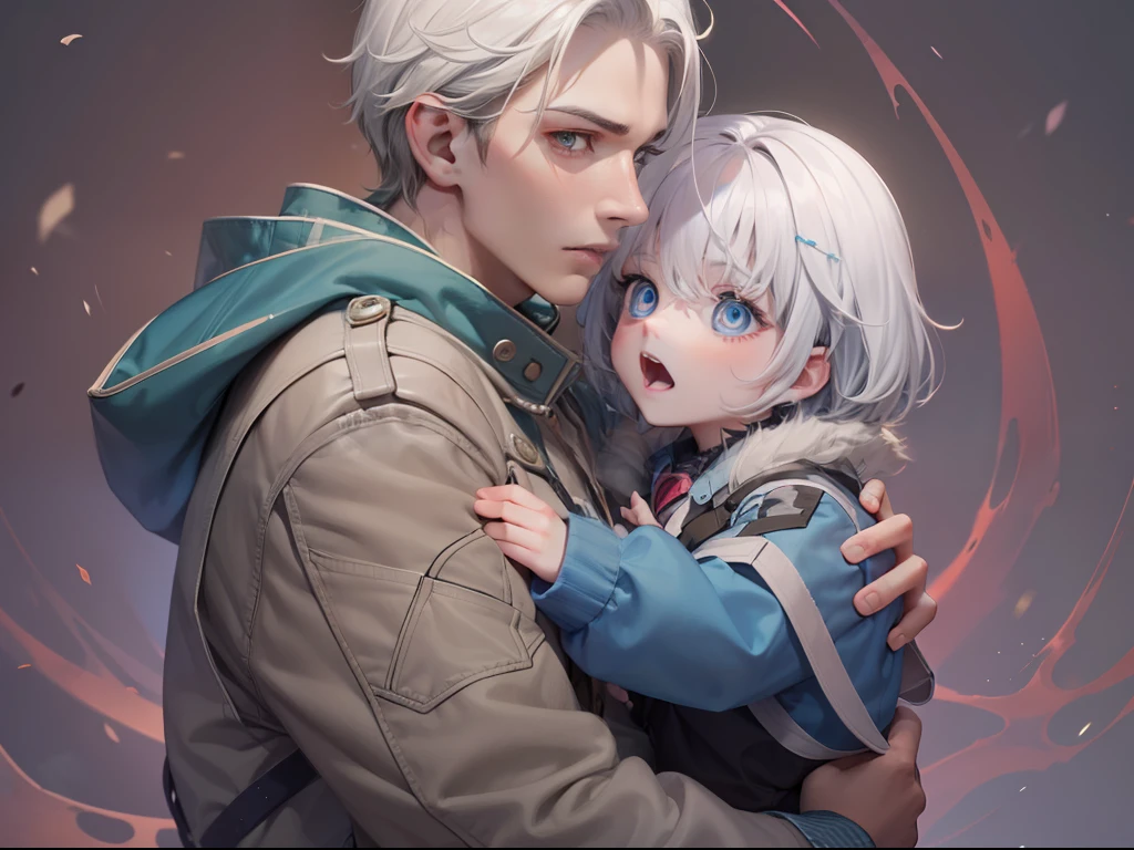 Generate a photo,Best quality, tmasterpiece, A boy holds a little girl in his arms, And the boy was 18 years old, Tall, Short gray hair and blue eyes, Express concern, The girl is short in stature, Short white hair, Blue eyes, Expression of grievance