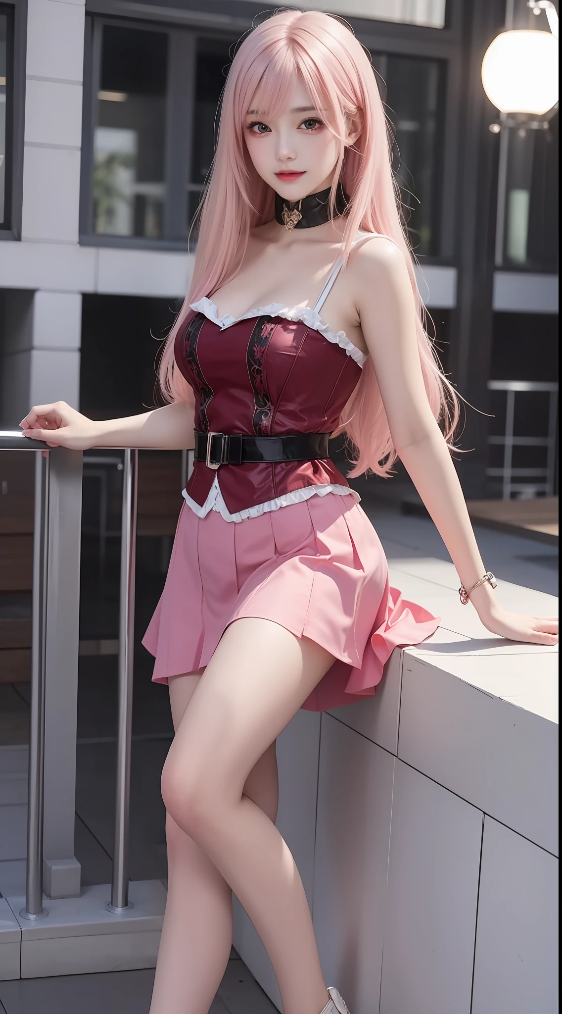 4K ultra, masterpiece, a girl, good face, detailed eyes, straight hair, very long hair, , skirt, half skirt, pink color skirt, shinning, high lights, realistic background, whole body capture,