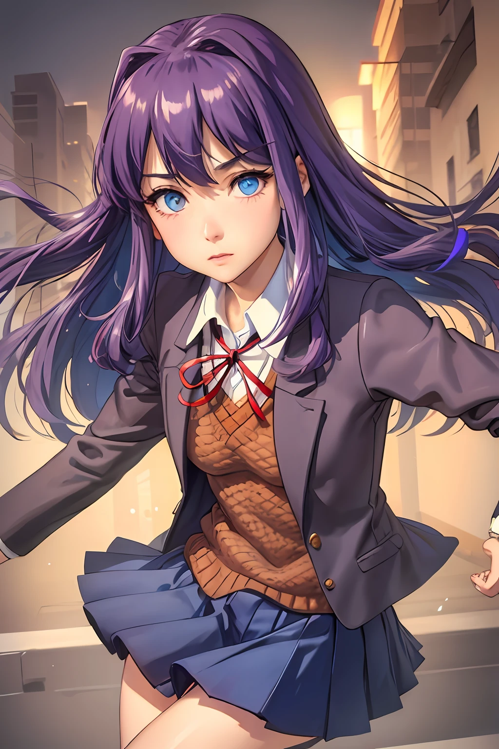 (detailed face and eyes:1.3),Leaning on one leg pose:1.2, purple long hair ,blazer, brown sweater, collared shirt, neck ribbon, blue skirt, school uniform ,Ultra-detail,(highres:1.1),best quality,(masterpiece:1.3),cinematic lighting,