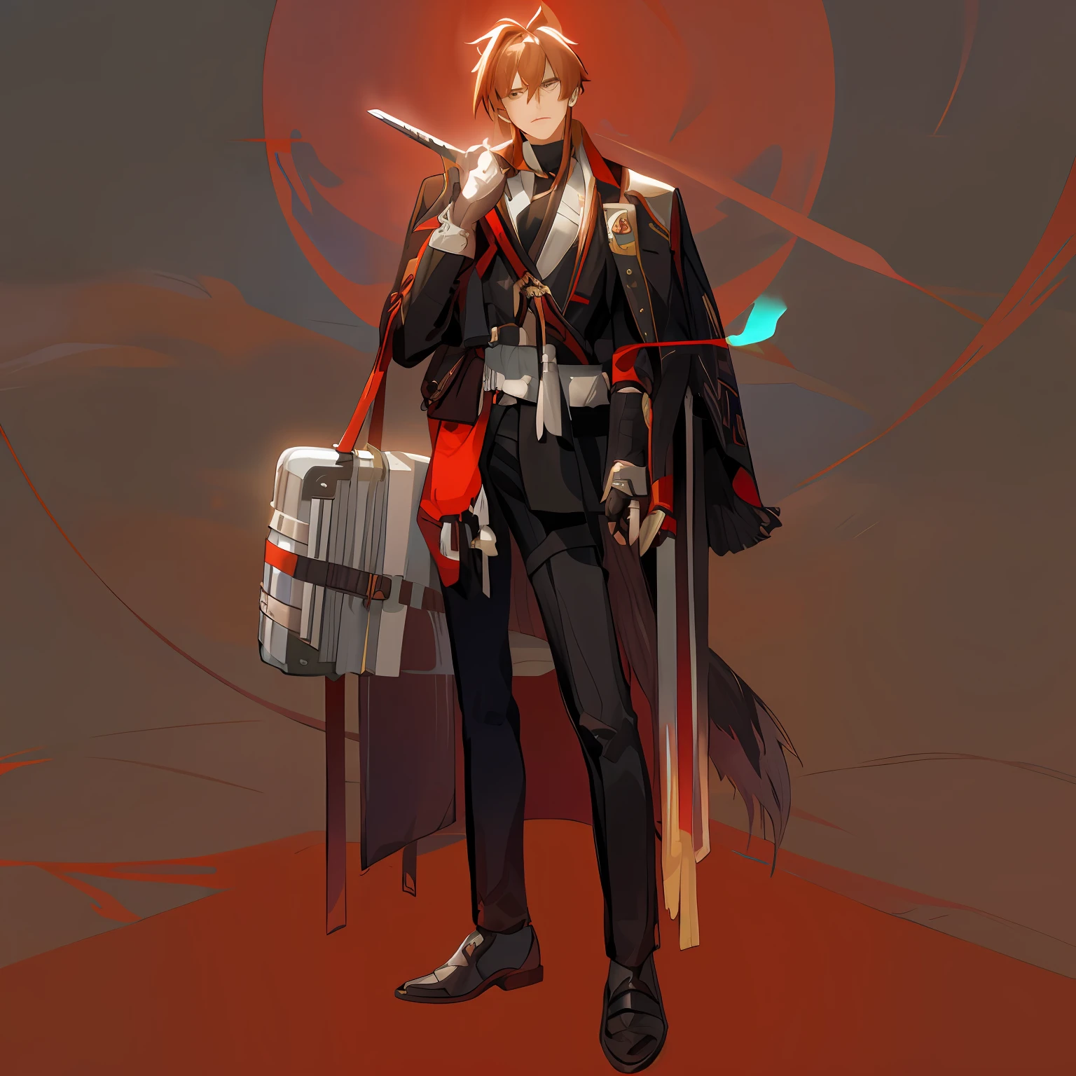 Close-up of a man with a sword and a backpack,official character art,Full character,(concept art of character),Main character,hijikata toushirou,Genshin impact's character,crimson attire,akiyuki shinbo,From the girls' front,nobutaka ike,Single character full body,full body single character。