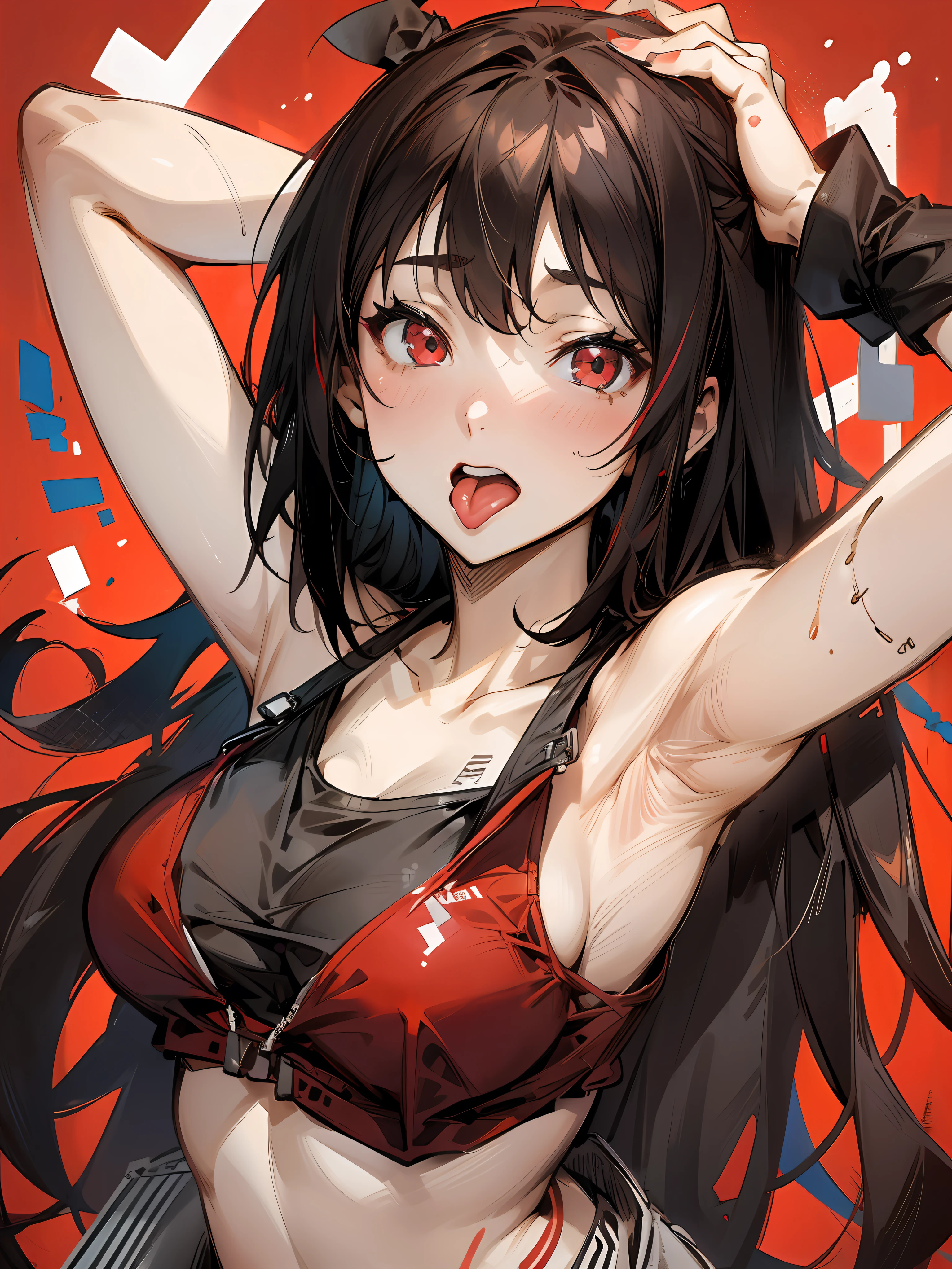 (((1girl))), hands up, brown long hair, tank-top, jacket, open shoulder, cowboy shot, bikini, medium breast, red background, open mouth, stick out her tongue out at viewers, red eyes, flushed, yumeko jabami