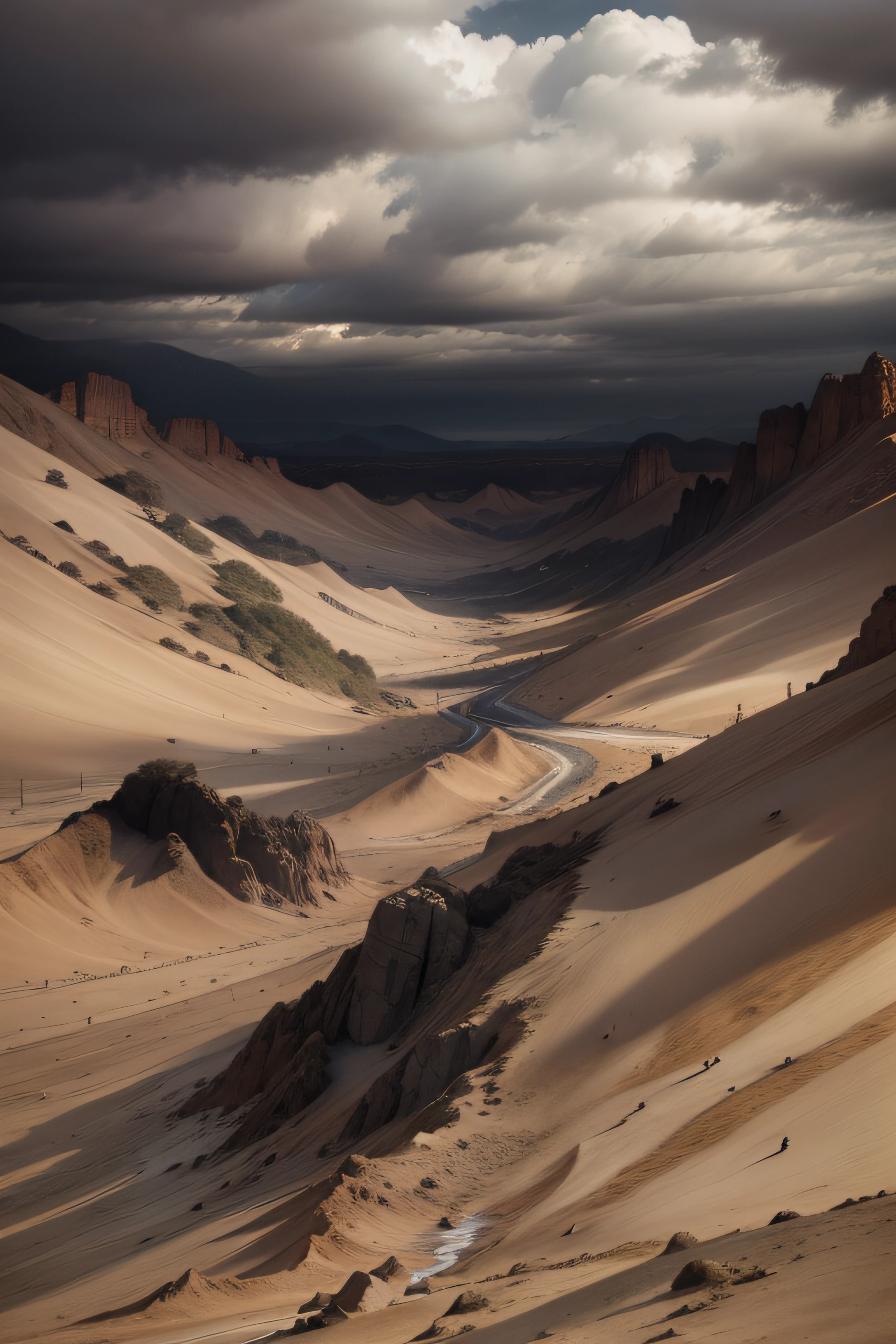 paisagem de areia preta, picos afiados no fundo, Arte de terror, abstrair, Fim do Mundo, apocalypse, fotorrealista, cinematographic