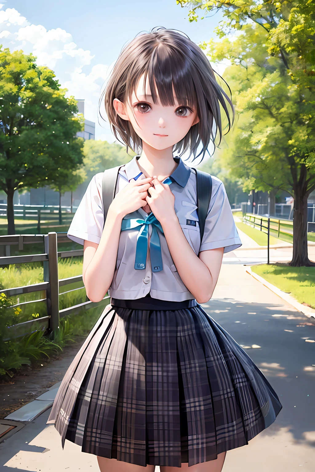 (masterpiece, best quality:1.2), cowboy shot, solo, 1girl, shirai hinako, expressionless, closed mouth, looking at viewer, own hands together, school uniform, serafuku, plaid skirt