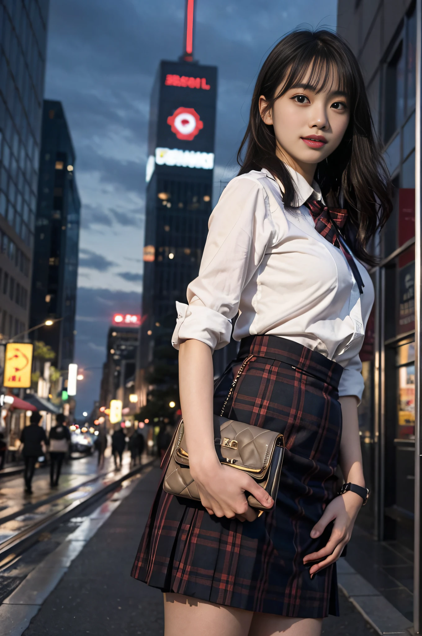 a 18 year old girl、a small face、Alafed Asian girl in uniform standing on sidewalk, a girl is standing, Teeth visible with a smile、middle size breasts、The body is turned forward、Plaid super mini skirt、Realistic Young Gravure Idol, a hyperrealistic schoolgirl, taken with sony alpha 9, Japan beautiful girl, Young Gravure Idol, a hyperrealistic schoolgirl, Young Pretty Gravure Idol, Skyscrapers background at night、(From below:1.4),
