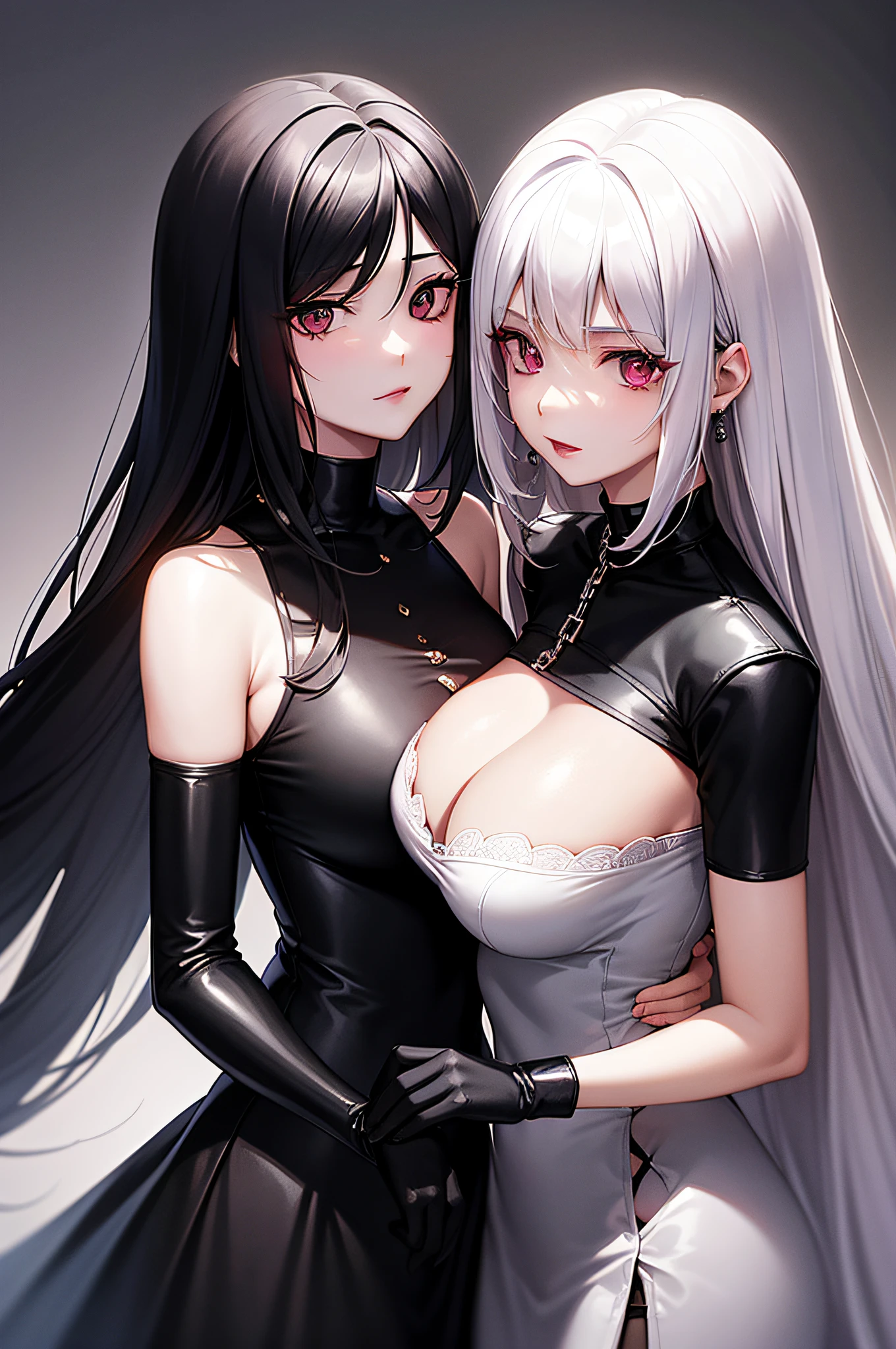 25 year old couple,Royal sister youth,black color hair,Thin iron chains are wound,white shirt,blacksilk,Erotic lingerie,Be red in the face,Pink lips,The background is minimalist,8K masterpiece