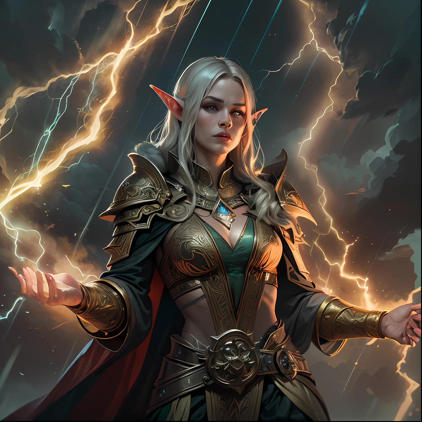 high details, best quality, 8k, [ultra detailed], masterpiece, best quality, (extremely detailed), dynamic angle, ultra wide shot, photorealistic, fantasy art, dnd art, rpg art, realistic art, an ultra wide picture of female elf cleric, holding a hmmer, hamme in lightning, casting a spell, yellow magical lightning (1.5 intricate details, Masterpiece, best quality), wearing heavy black armor, elven armor with lightning sigils(1.5 intese details, Masterpiece, best quality), red cloak (1.5 intricate details, Masterpiece, best quality), holy symbol, blue light from symbol, black hair, intense eyes, green eyes, D&D female elf (1.5 intricate details, Masterpiece, best quality) fantasy temple background, lightning storm background, ((divine worship atmosphere)), high details, best quality, highres, ultra wide angle