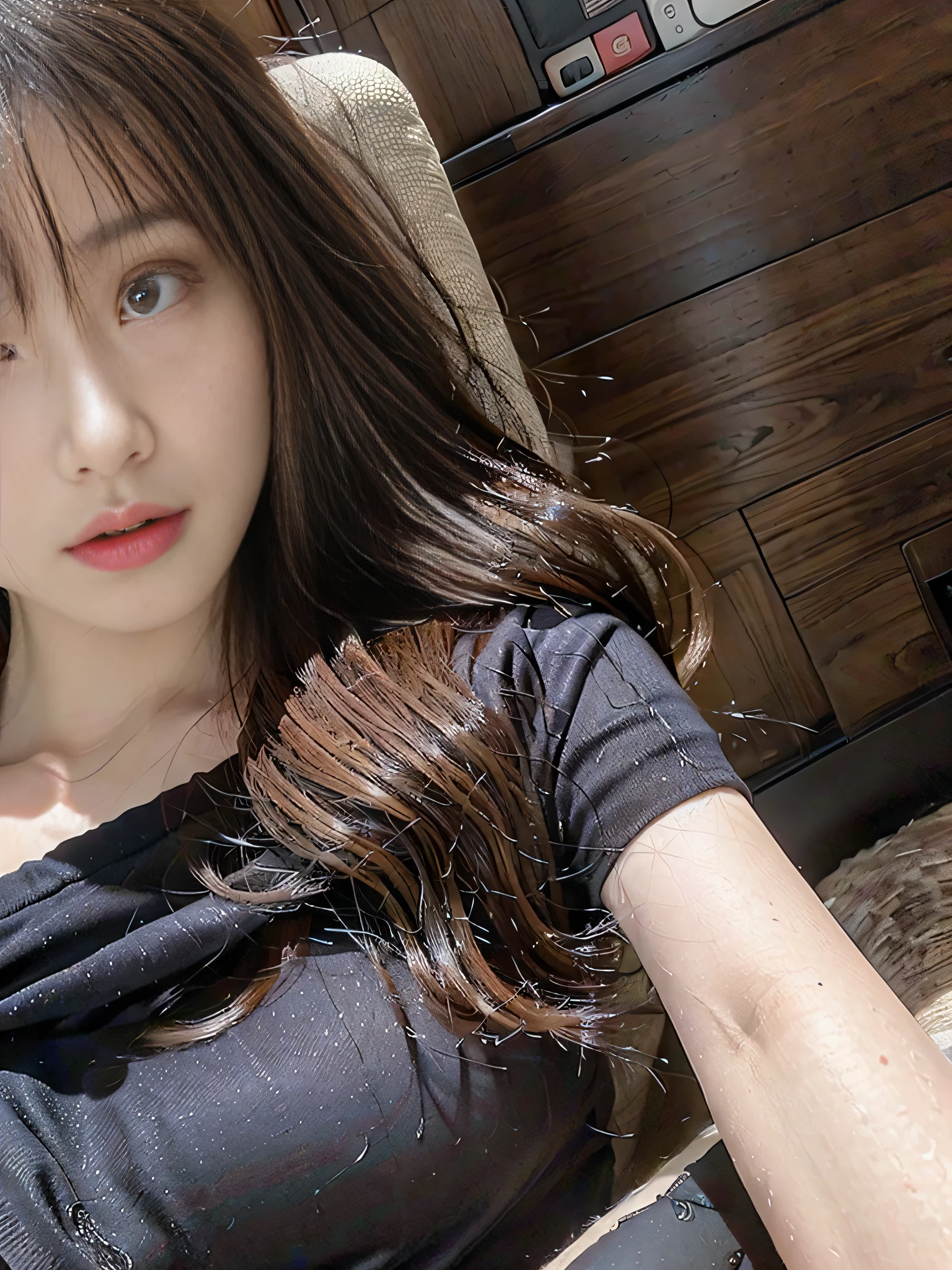 there is a woman sitting in a chair with a cell phone, 22 years old, ((Best Quality, 8K, Masterpiece: 1.3)), Focus: 1.2, Sexy Beauty with Perfect Body: 1.4, Buttocks: 1.3, ((Layered Haircut, Beautiful Breasts: 1.2)), (Wet Clothes: 1.3), (Wild Exposure: 1.3), (Transparent Sexy Underwear: 1.1), Highly Detailed Face and Skin Texture, Delicate Eyes, Double Eyelids, Oily Skin, Long Hair, (Shut Up: 1.3), (Pores: 1.2), (NSFW: 1.8), (Protruding Crotch :1.2)，(milf:1.2)，(sexy:1.3)，( star:1.2)