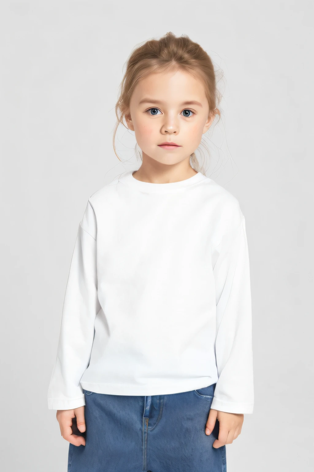 Close up of a young girl in a white shirt and jeans, Long sleeves, Children, front portrait, Gamine, longer sleeves, young girl, mid view, Cute young girl, kid, for kids, Cute girl, 1 / 4 portait, high quality portrait, Portrait image, next gen, White sleeves, mid shot portrait, full product shot, mid portrait